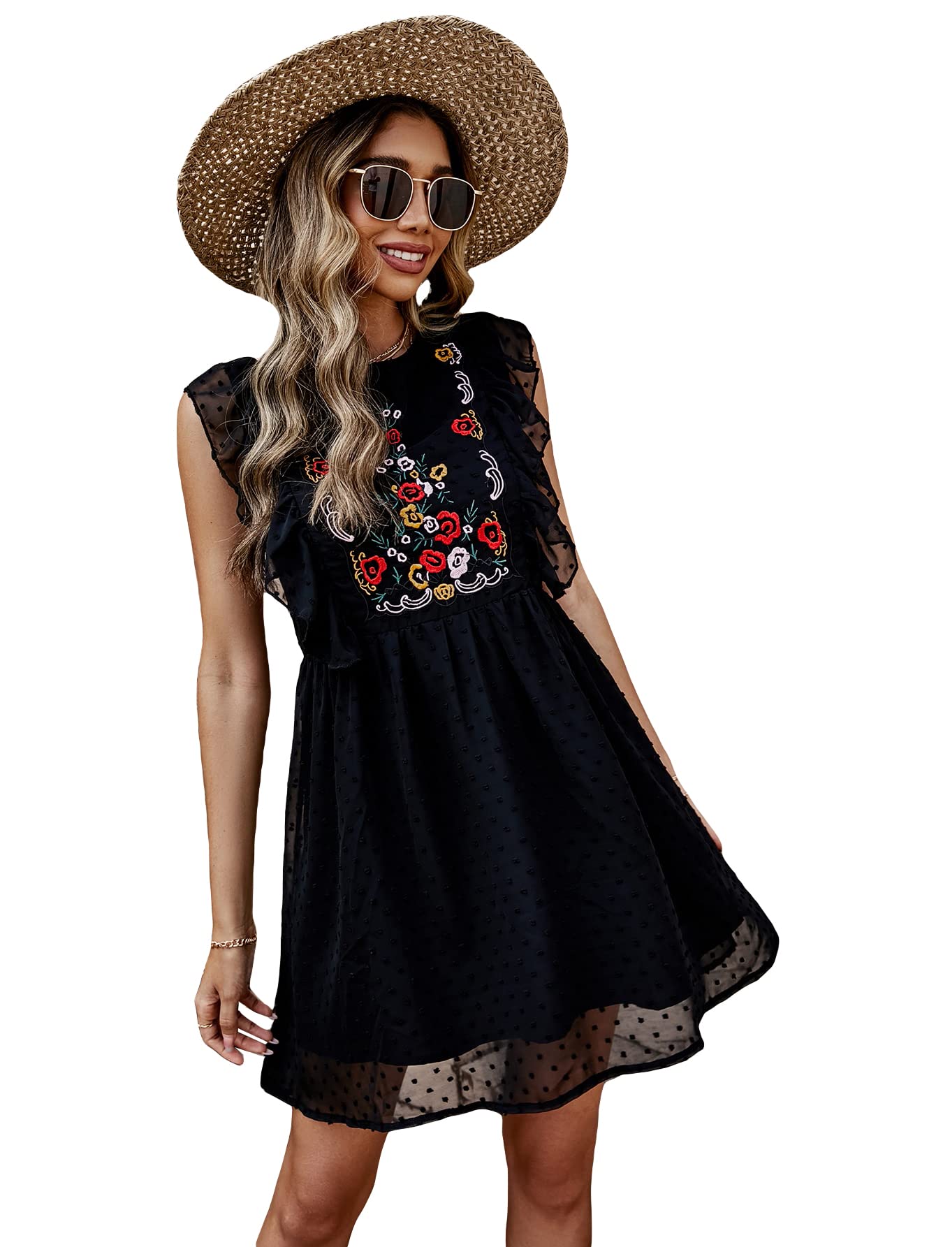 Floerns Women's Floral Embroidery Summer Dress with Ruffle Sleeves & Round Neck - Casual Short Smock Dress for Beach, Vacation, and Outdoor Parties