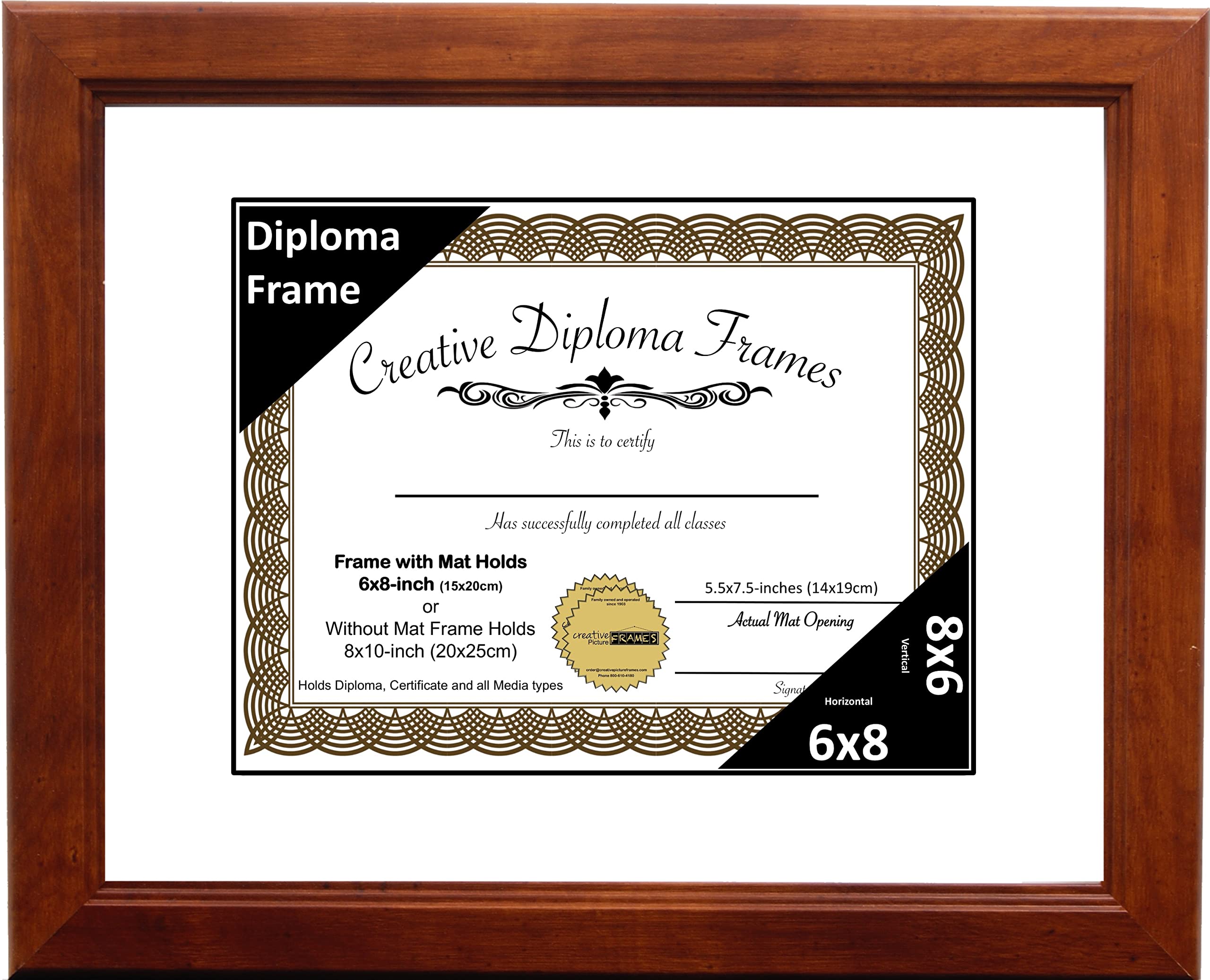 6x8 Walnut Finish Diploma Picture Frame with White Mat, Glass, Easel & Wall Hangers - Holds 8x10 Photos Without Mat - Perfect for Graduation, Office Decor & Home Display