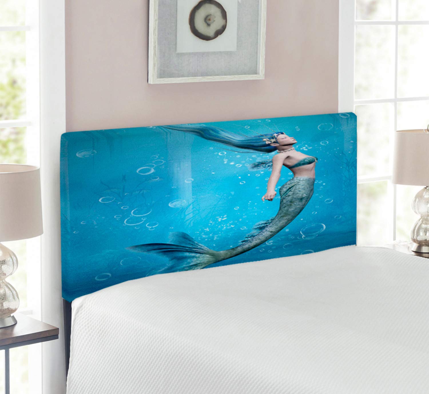 Ambesonne Underwater Mermaid Fishtail Headboard - Twin Size Blue Ocean Life Art Print Upholstered Bed Headboard with Memory Foam | Mythical Creature Decor for Kids Bedroom, Beach House & Underwater Themed Rooms
