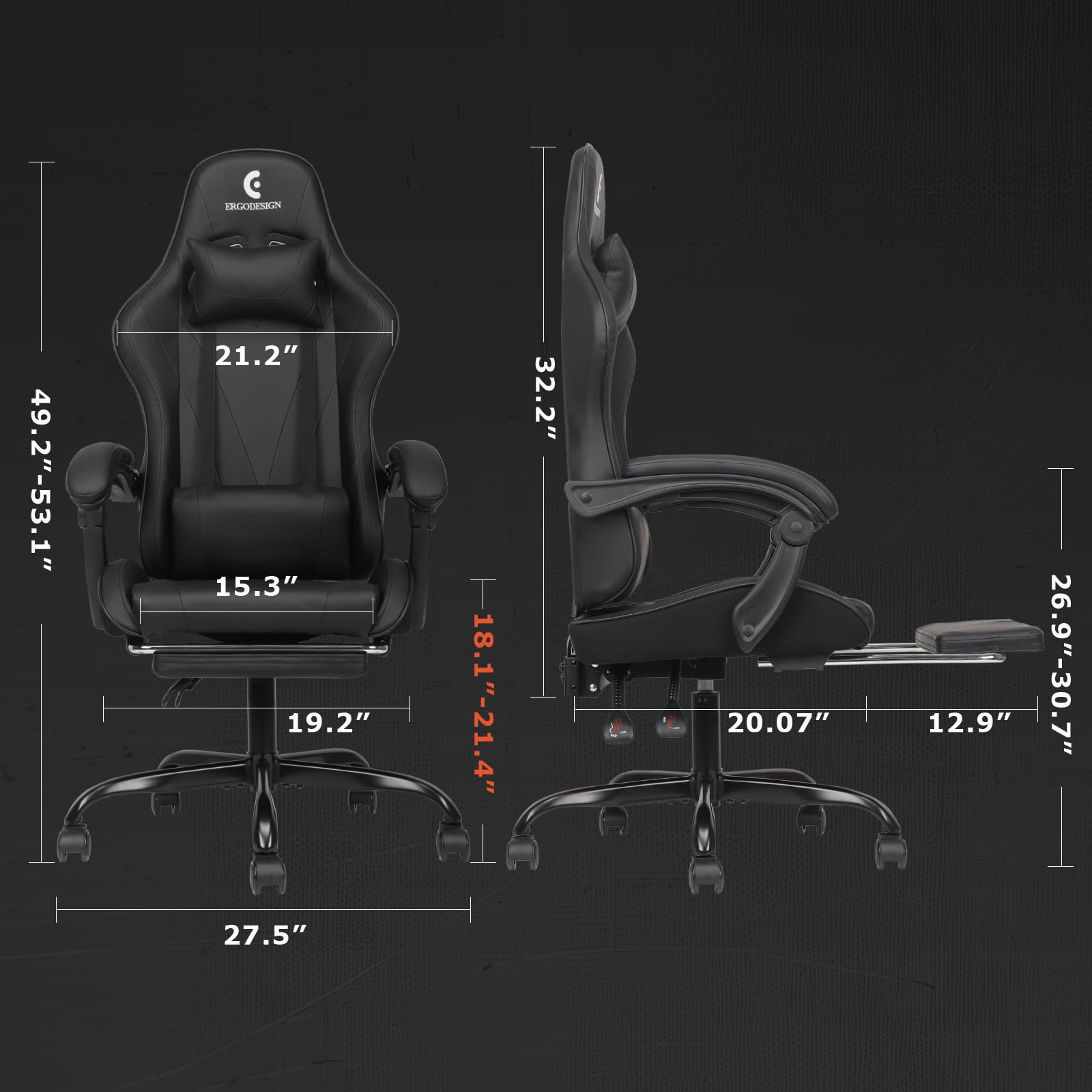 Ergonomic Gaming Chair with Adjustable Linkage Armrest & Footrest - High Back Computer Chair for PC & Console Gamers - Black - Perfect for Esports, Streaming & Office Work