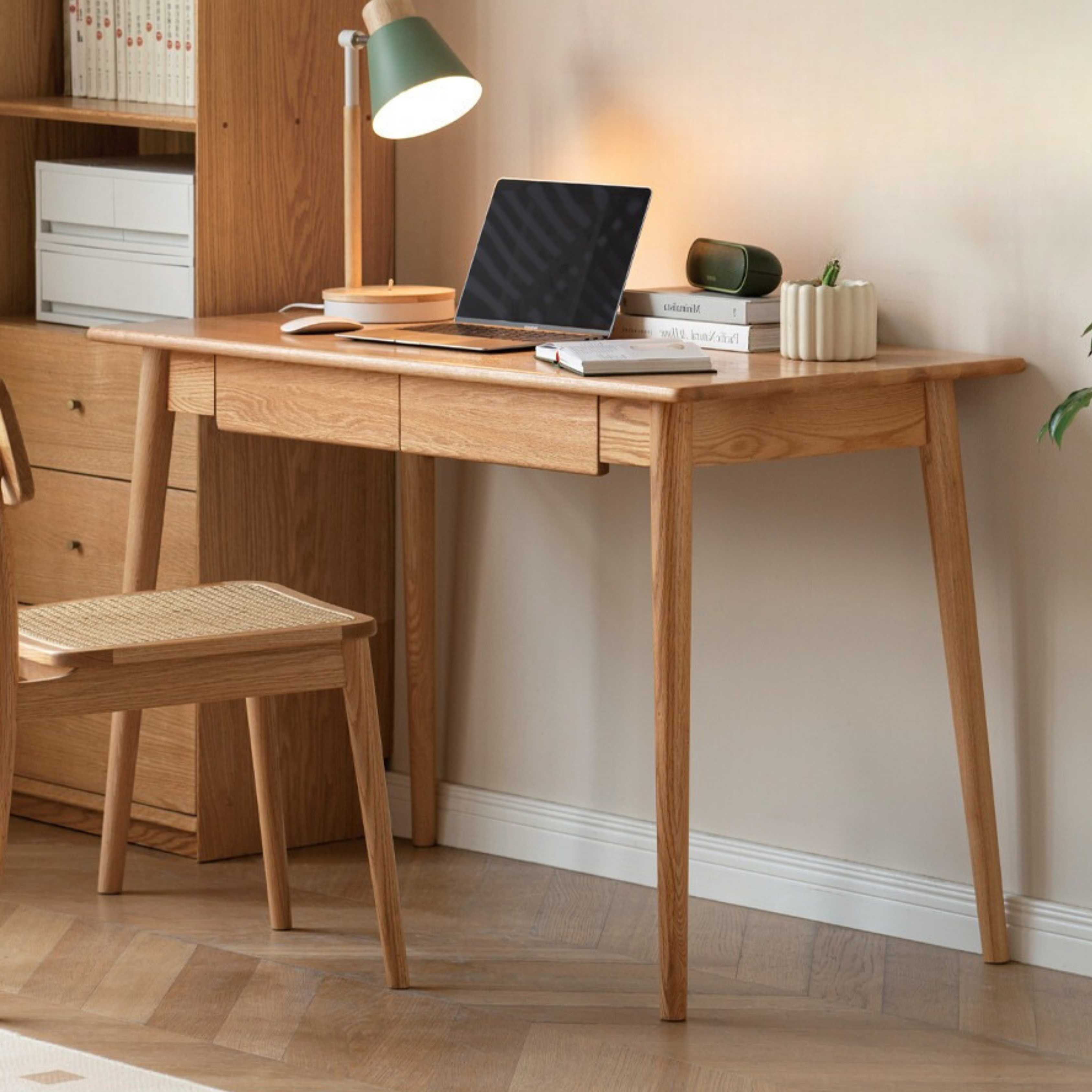 Solid Oak Wood Office Desk with Spindle-Shaped Slanted Legs - Modern Home Office Furniture for Work & Study