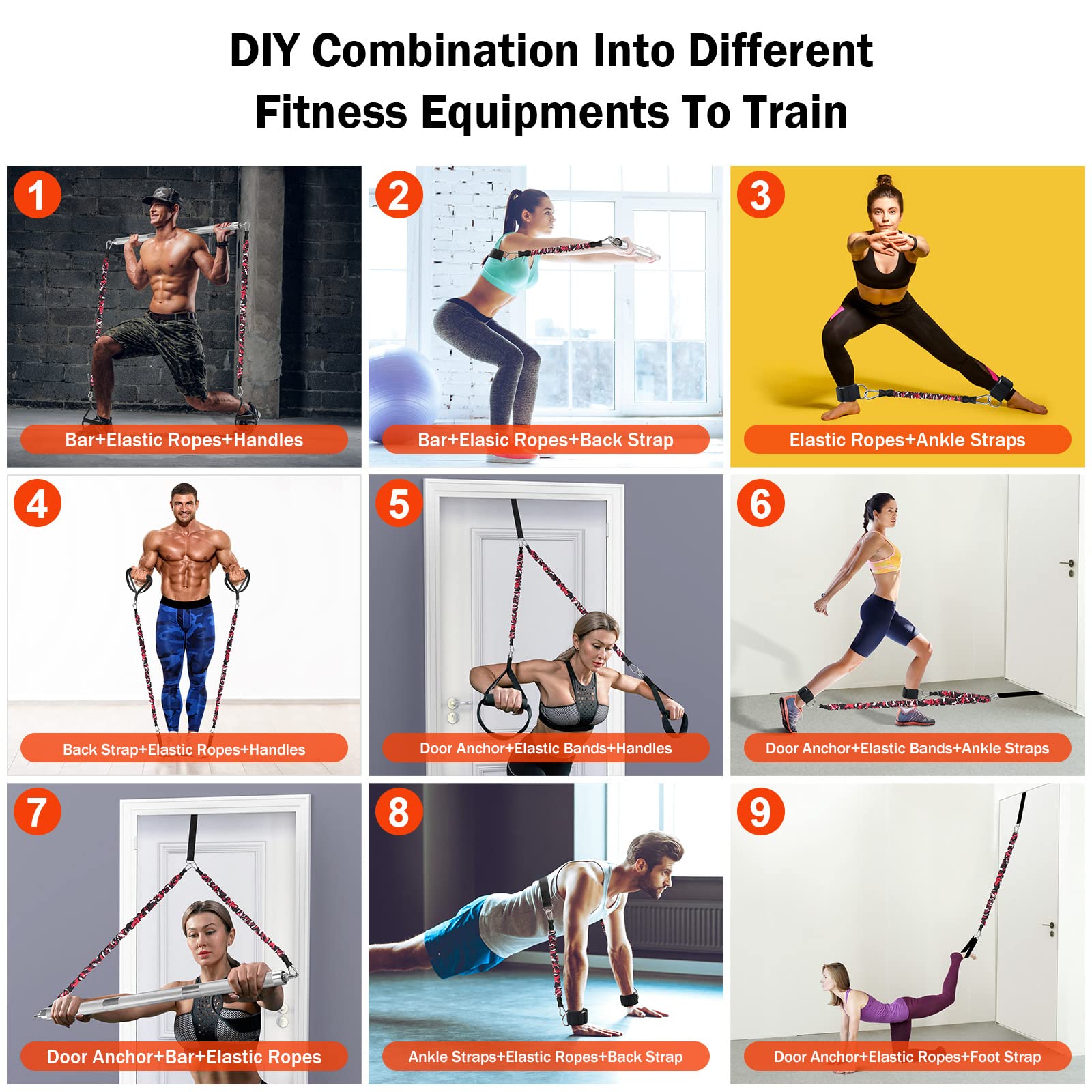 DASKING Portable Home Gym Resistance Band Set - 8 Anti-Break Stackable Bands, Detachable 500LBS 2-in-1 Pilates Bar for Full Body Workout | Strength Training, Yoga, Pilates & Home Fitness Equipment