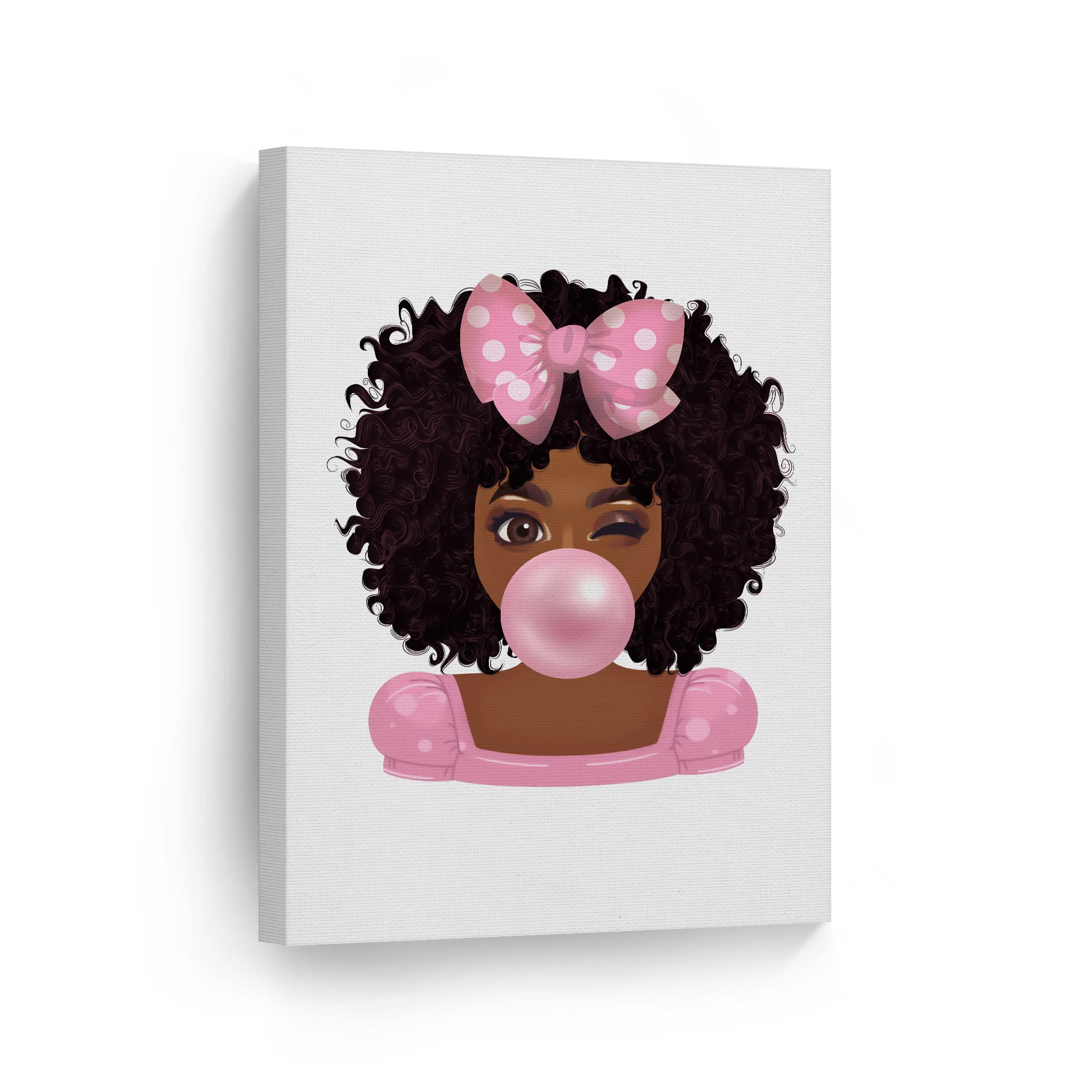 SmileArtDesign Twinkled Cute African Girl Pink Bubble Gum Canvas Wall Art Print - Afro Baby Nursery Decor with Dotted Ribbon Bow - Ready to Hang 40x30 Inch - Made in USA - Perfect for Kids' Room, Bedroom & Home Decoration