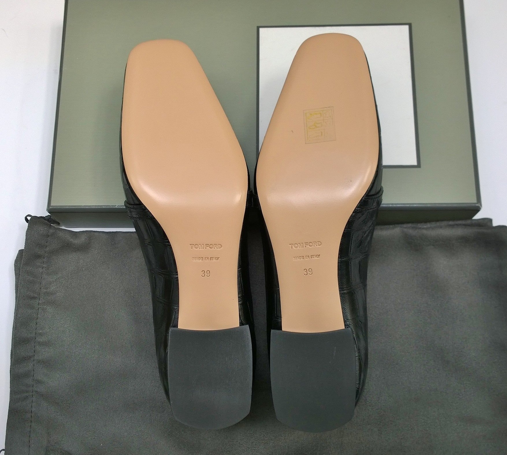 Tom Ford Whitney Black Leather Croc Embossed Block Heel Loafers - Women's Luxury Dress Shoes for Work, Office & Formal Occasions