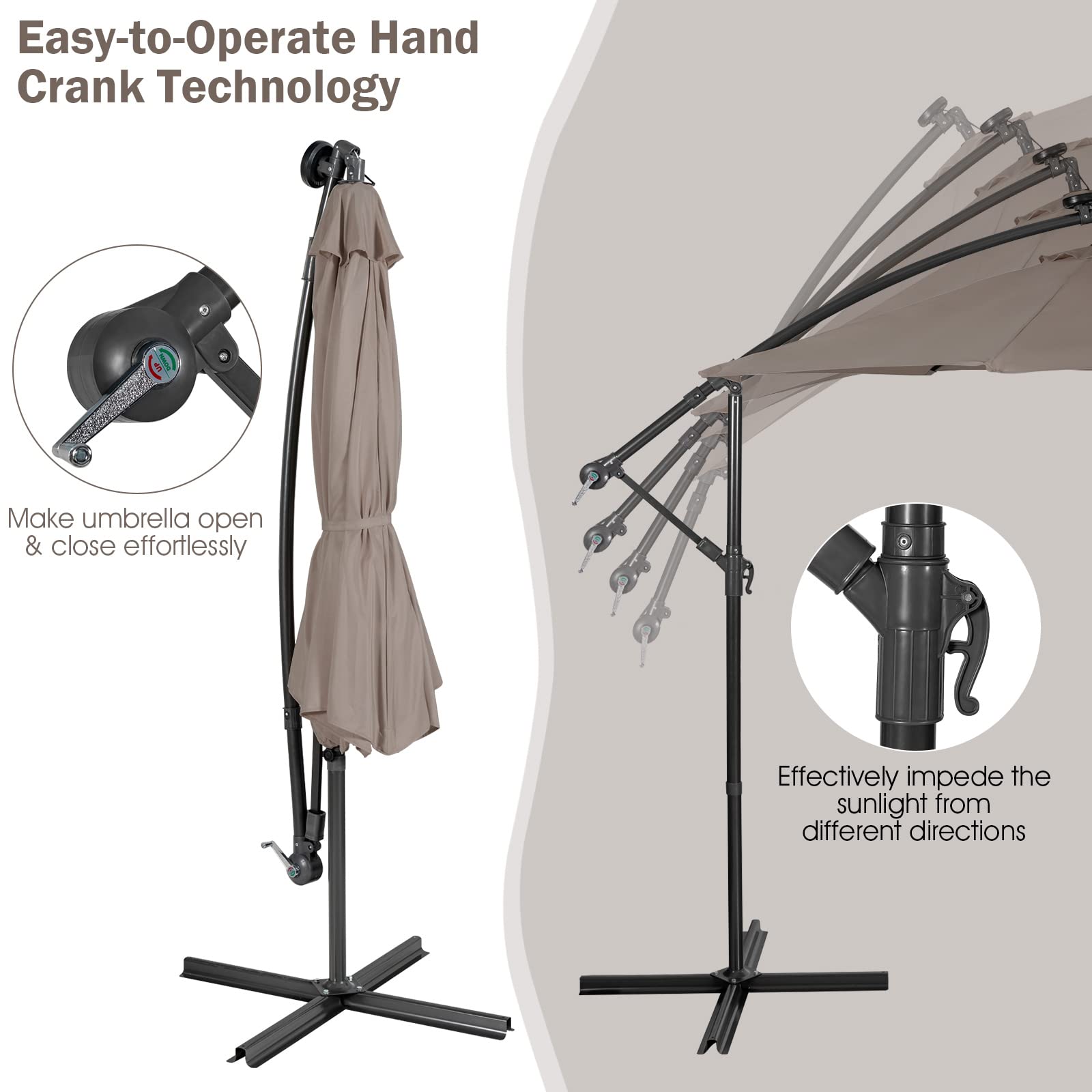Giantex 10 Ft Solar Powered LED Patio Umbrella with 8 Ribs & Tilting Adjustment - Heavy Duty Cantilever Offset Umbrella for Pool, Garden, Backyard, and Outdoor Dining Areas