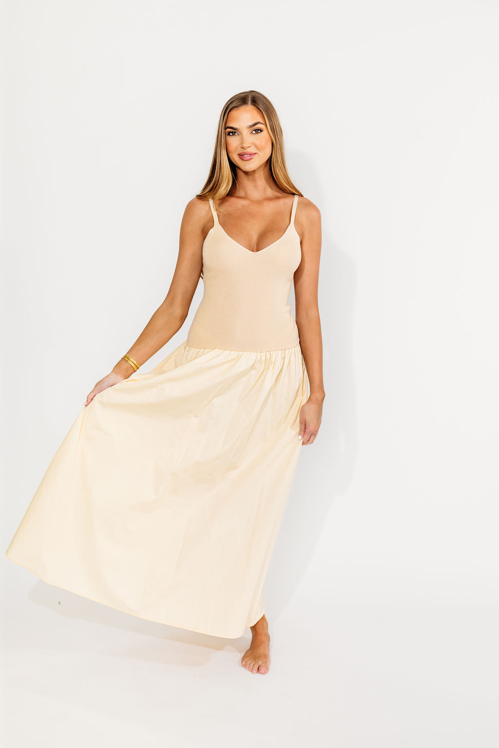 Gaby V Neck Mixed Media Maxi Dress in Cream - Elegant Flowy Long Dress for Women, Perfect for Weddings, Parties & Special Occasions