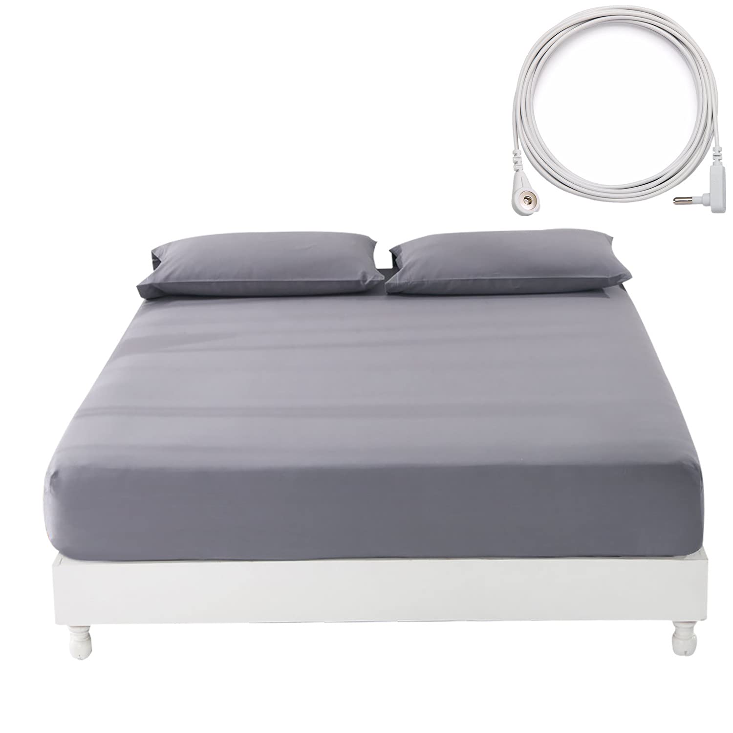 Earthing Grounding Fitted Sheet with Earth Connection Cable - Pure Silver Fiber Conductive Bed Sheet for Better Sleep & Pain Relief | Perfect for Home, Travel & Camping