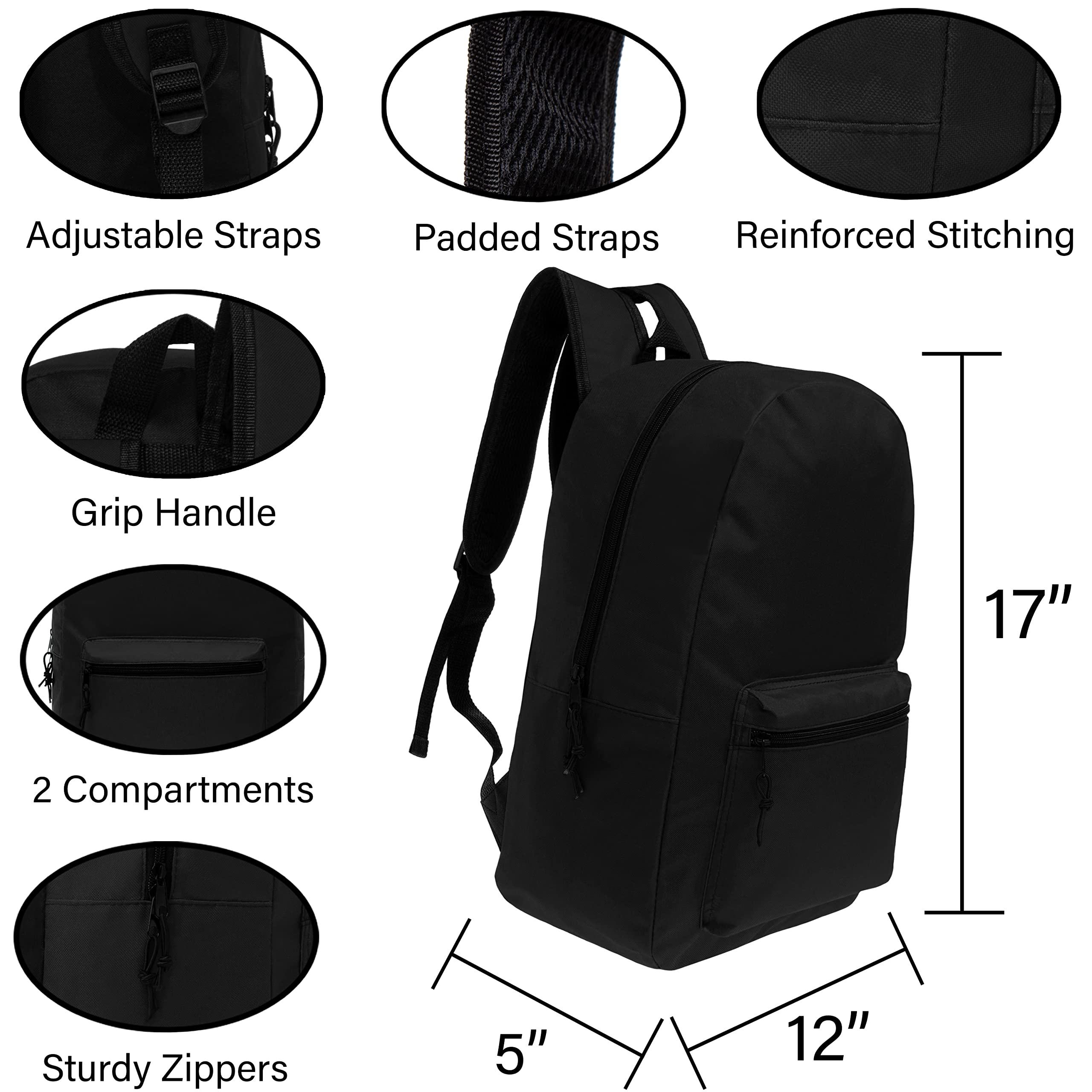 17 Inch Bulk Black Backpacks with 50-Piece Student Supplies Kit - Pens, Pencils, Crayons & More | Wholesale Case of 12 Value Bundle Packs for School, College & Office Use