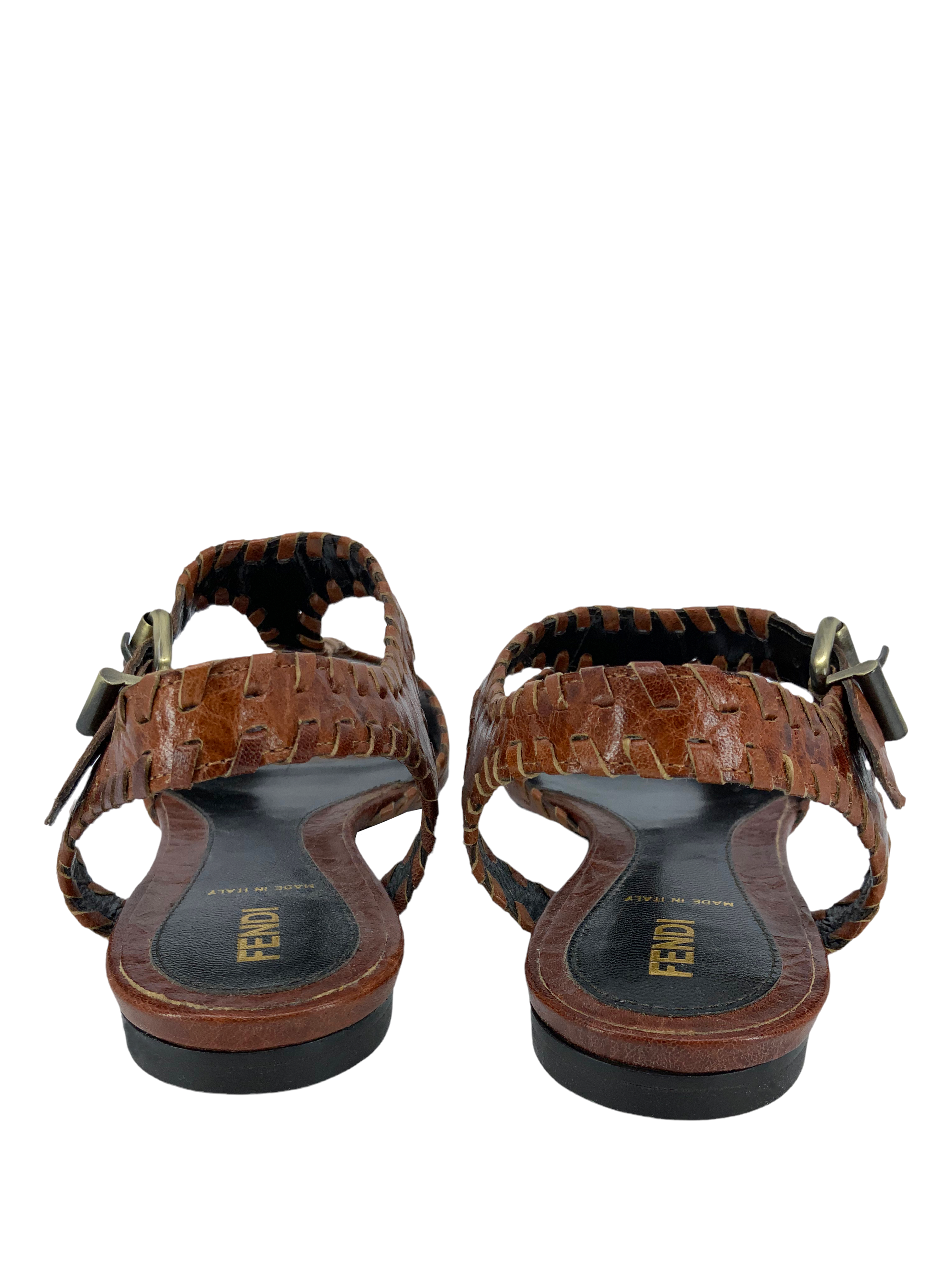 Fendi Women's Braided Leather T-Strap Flat Sandals Size 8.5 - Comfortable Summer Casual Shoes for Beach, Vacation & Daily Wear