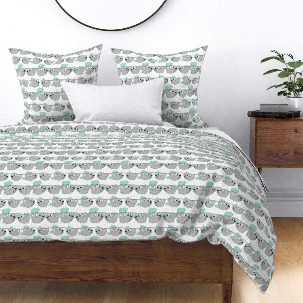 Custom Geo Sloth Pale Turquoise Cotton Sateen Duvet Cover - Twin Size Gender Neutral Animal Print Bedding for Kids & Adults | Perfect for Nursery, Bedroom Decor & Unique Gift