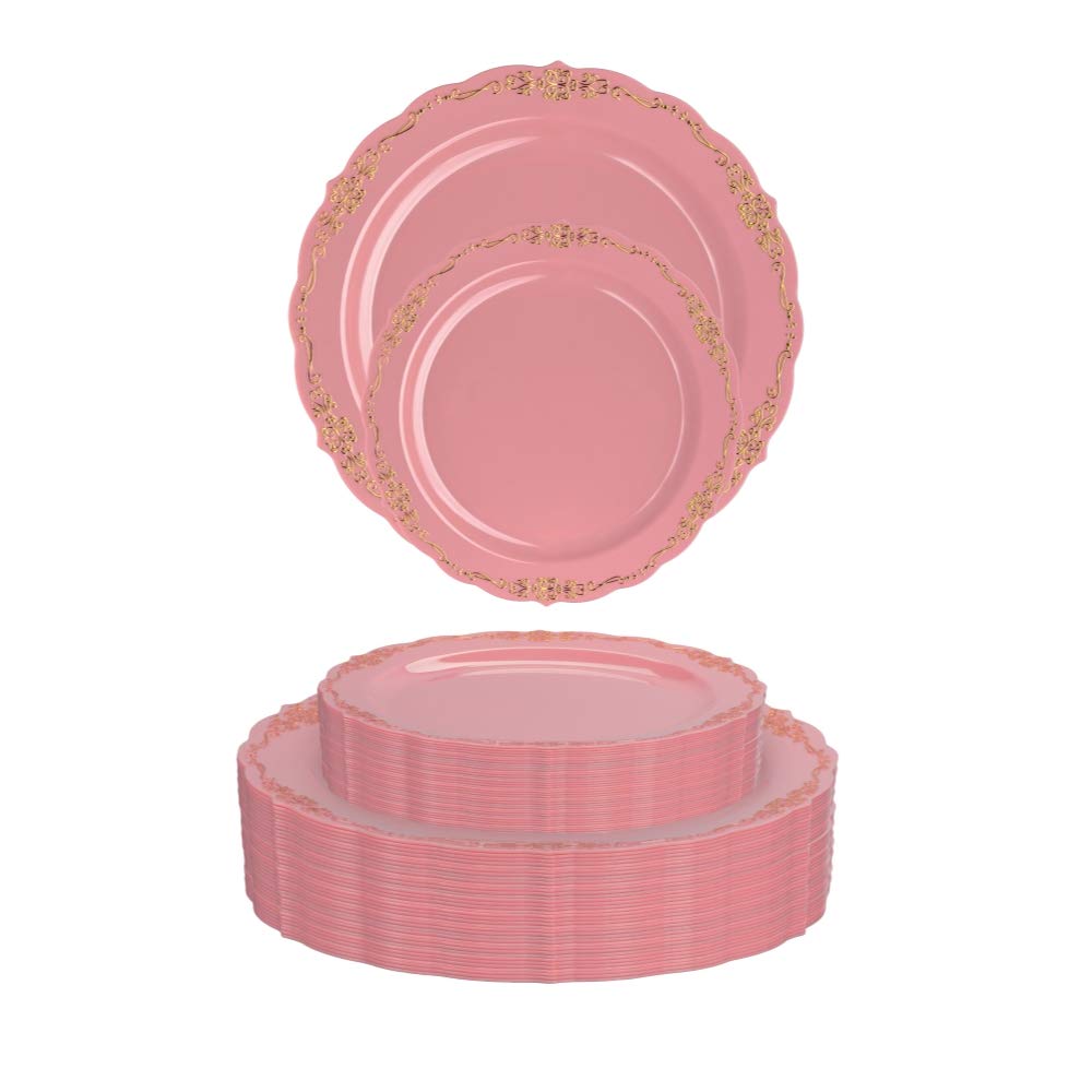 60 Pcs Elegant Disposable Plastic Plates - Victorian Style 9 Inch Pink & Gold China-Like Dinnerware for Wedding, Party, Bridal Shower & Special Occasions | Premium Quality Disposable Tableware for Elegant Events