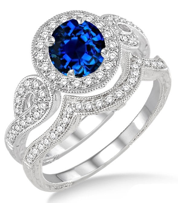 1.5 Carat Vintage Sapphire & Moissanite Diamond Halo Engagement Ring Set in 10K White Gold - Perfect for Bridal, Wedding & Anniversary Gifts