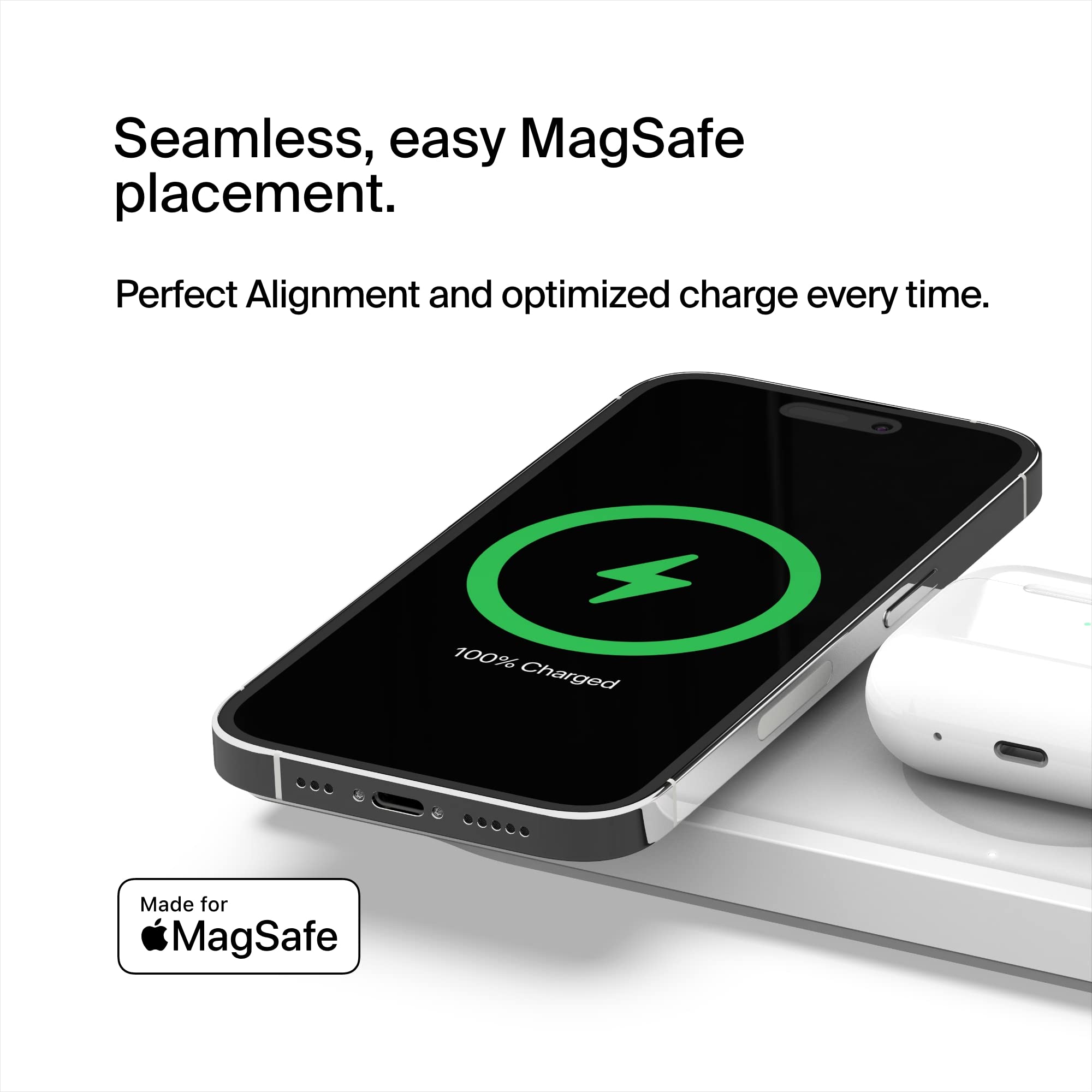 Belkin 3-in-1 MagSafe Wireless Charging Station - MFi Certified Fast Charger for iPhone 16/15/14/13/12 Series, Apple Watch 10/9/8/7/SE/Ultra, AirPods Pro/2/3 - Compact Travel Charging Pad for Home, Office & Nightstand Use
