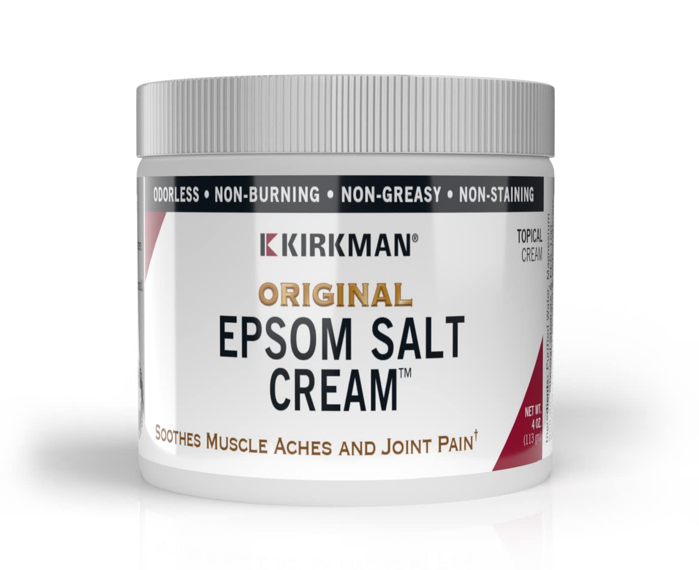 Kirkman Epsom Salt Cream 4oz - Gluten Free & Casein Free Magnesium Cream for Muscle Relaxation, Pain Relief & Stress Relief - Perfect for Athletes, Post-Workout Recovery & Relaxing Baths