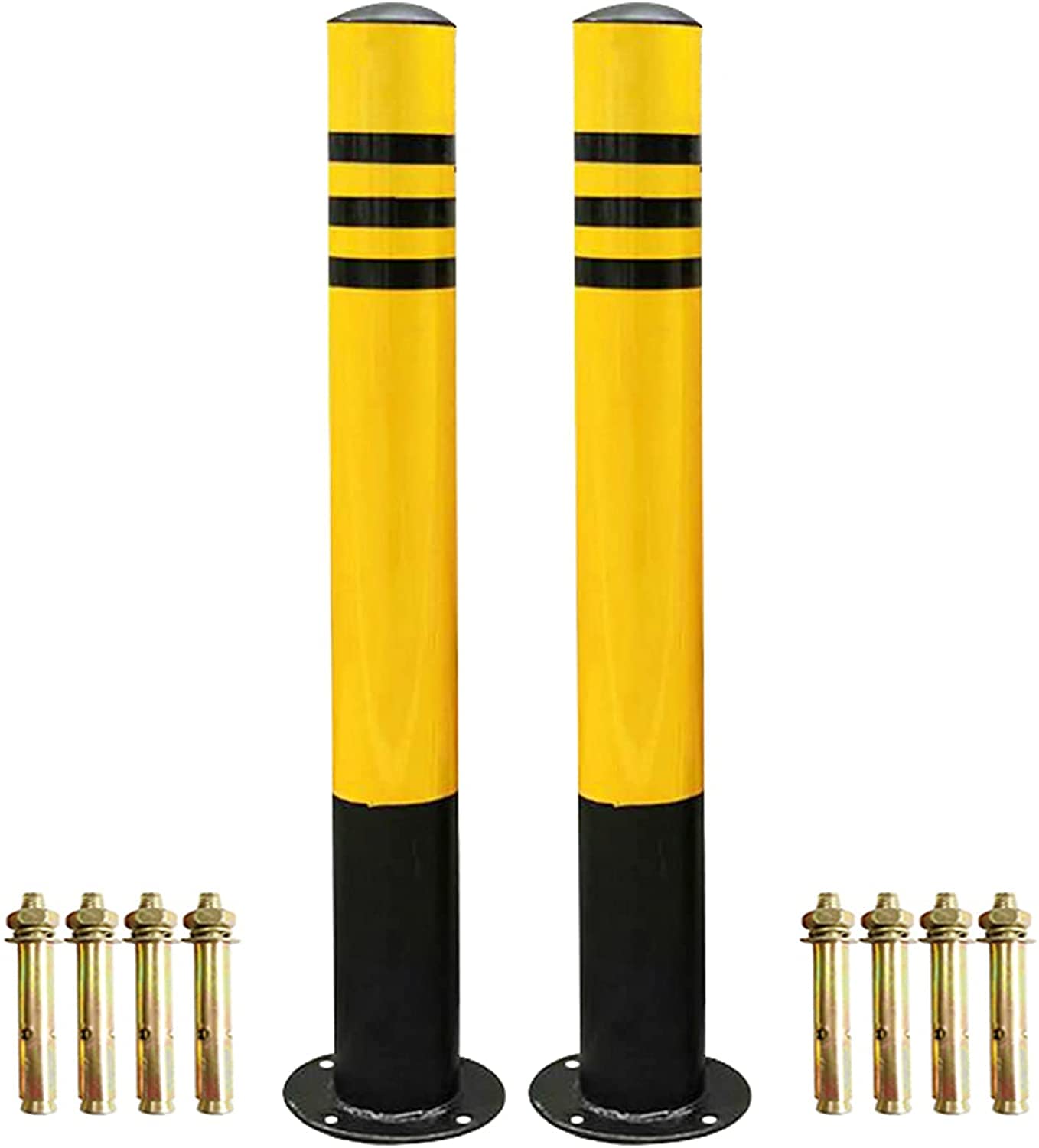 2 Pack Heavy Duty Metal Parking Bollards with Reflective Tape - Driveway Security Posts, Durable Safety Barriers for Parking Lots, Garages & Commercial Areas (Black) - Perfect for Driveway Protection, Storefront Security & Traffic Control