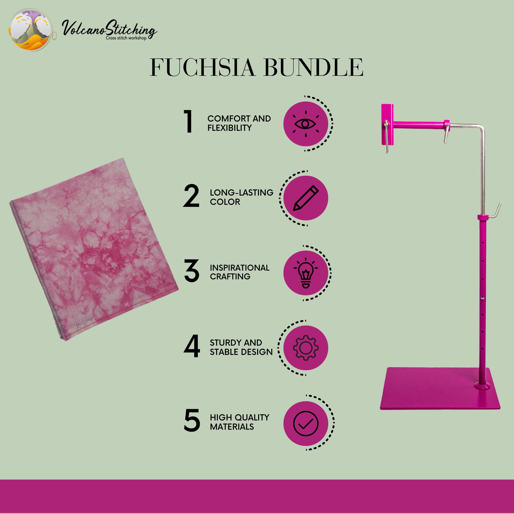 Fuchsia Cross Stitch Floor Stand with 16 Count Hand-Dyed Aida Fabric - Needlework Stand for Embroidery & Crafting | Perfect for Home Decor, DIY Projects & Gift Giving