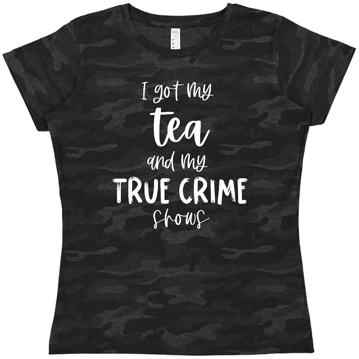 Inktastic Women's Funny True Crime & Tea Lover Graphic T-Shirt - Comfortable Cotton Tee for Casual Wear, Lounge & Crime Show Nights
