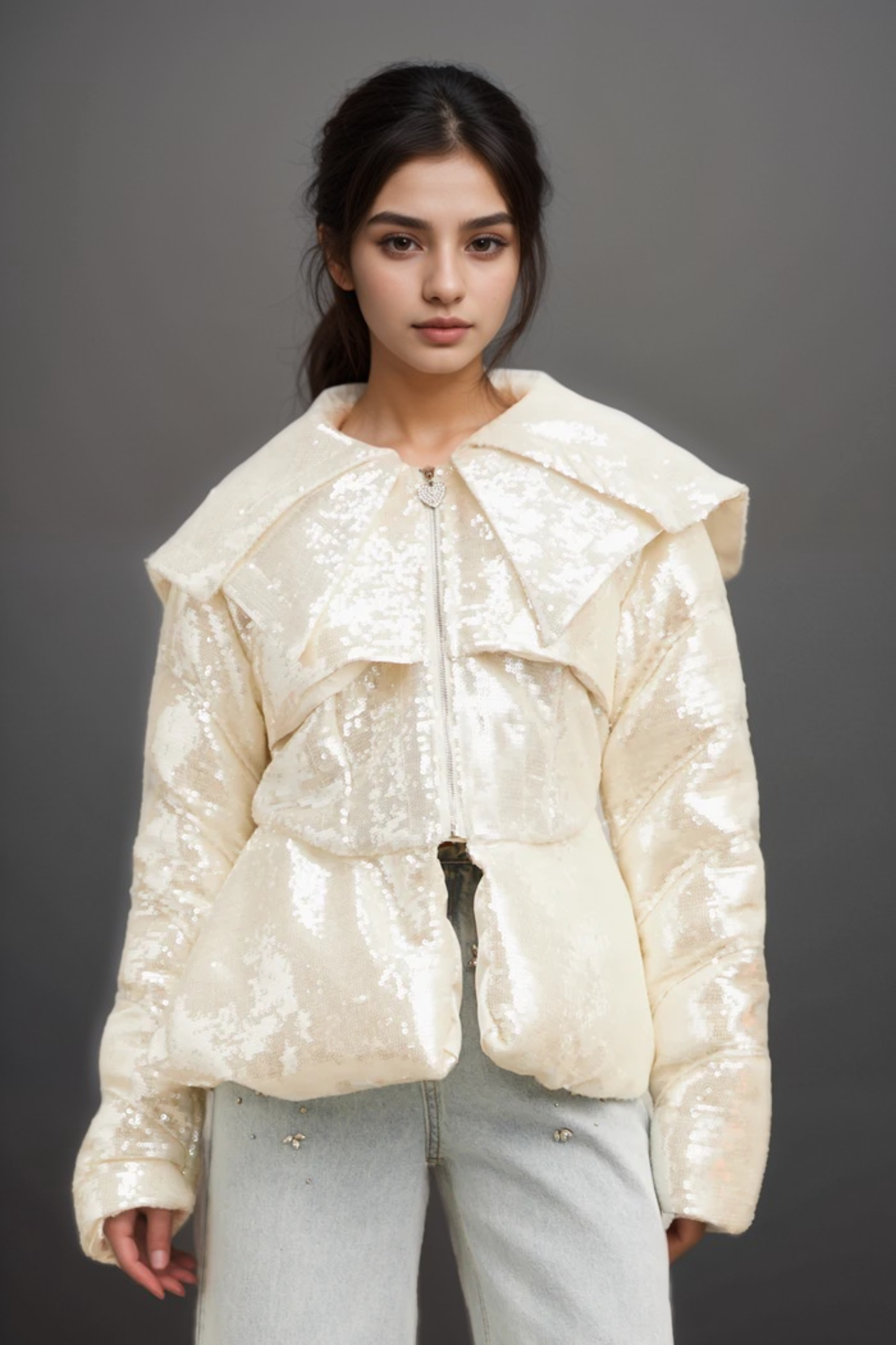 Joslyn White Sequin Down Coat - Elegant Winter Puffer Jacket for Women, Warm & Stylish for Parties, Holidays & Special Occasions