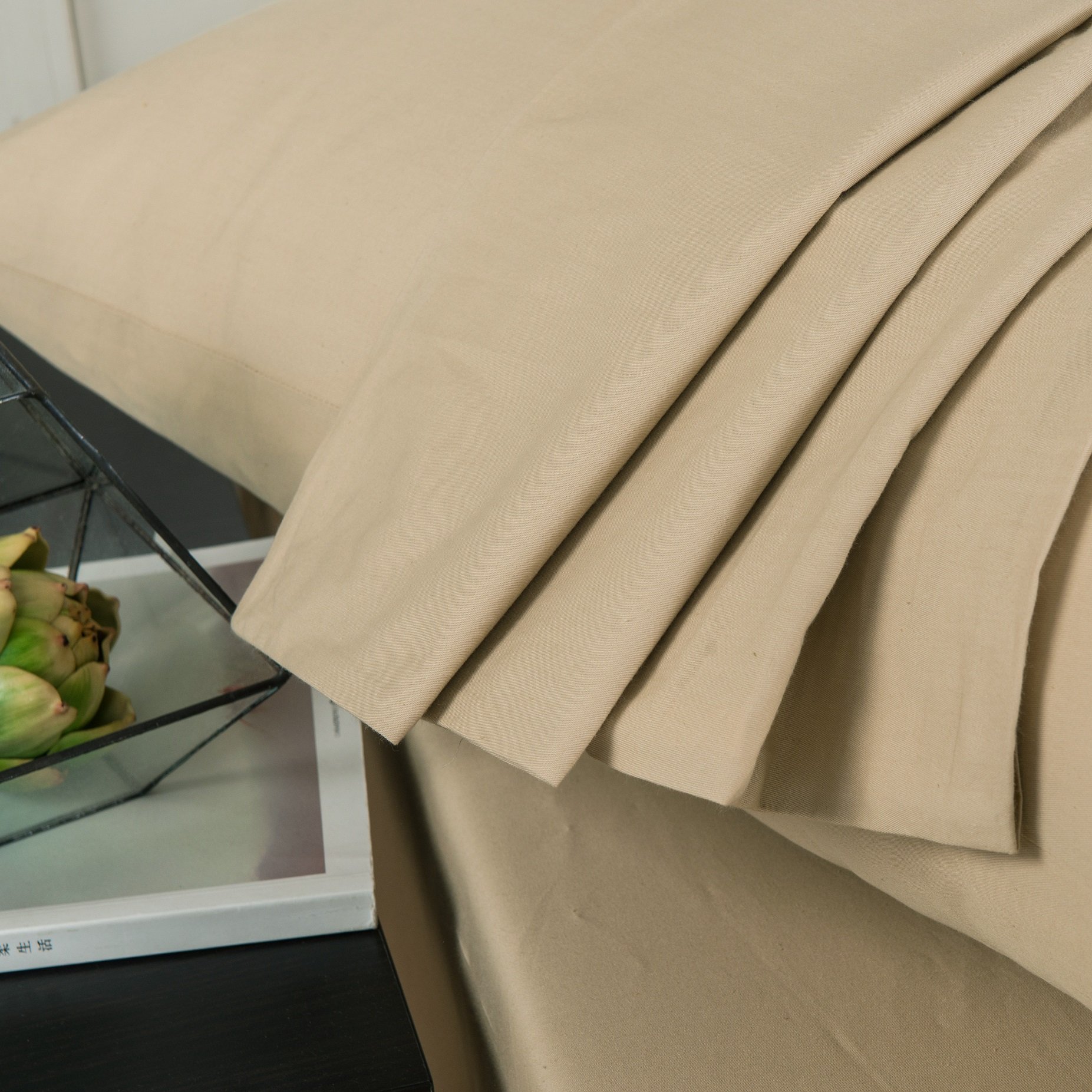 Luxury Soft Cotton Fitted Sheet with Pillow Cases - Neutral Solid Sandy Beige Tan - Twin Size - 2-Piece Bedding Set for Cozy Sleep & Guest Room Comfort