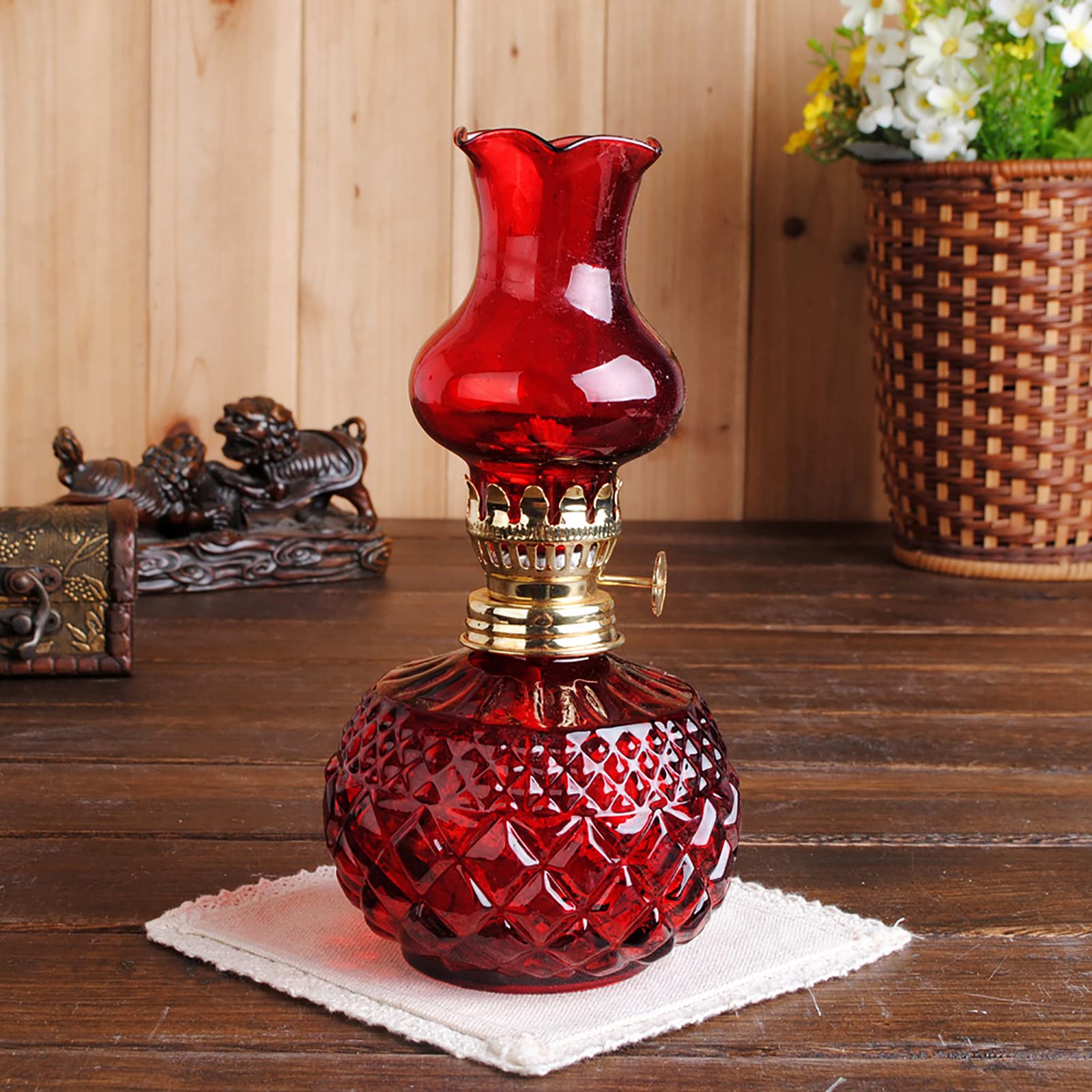Vintage Spherical Kerosene Oil Lamp with Clear Glass Shade - Adjustable Flame, Classic Home Decor for Emergency, Camping & Power Outages (Red)