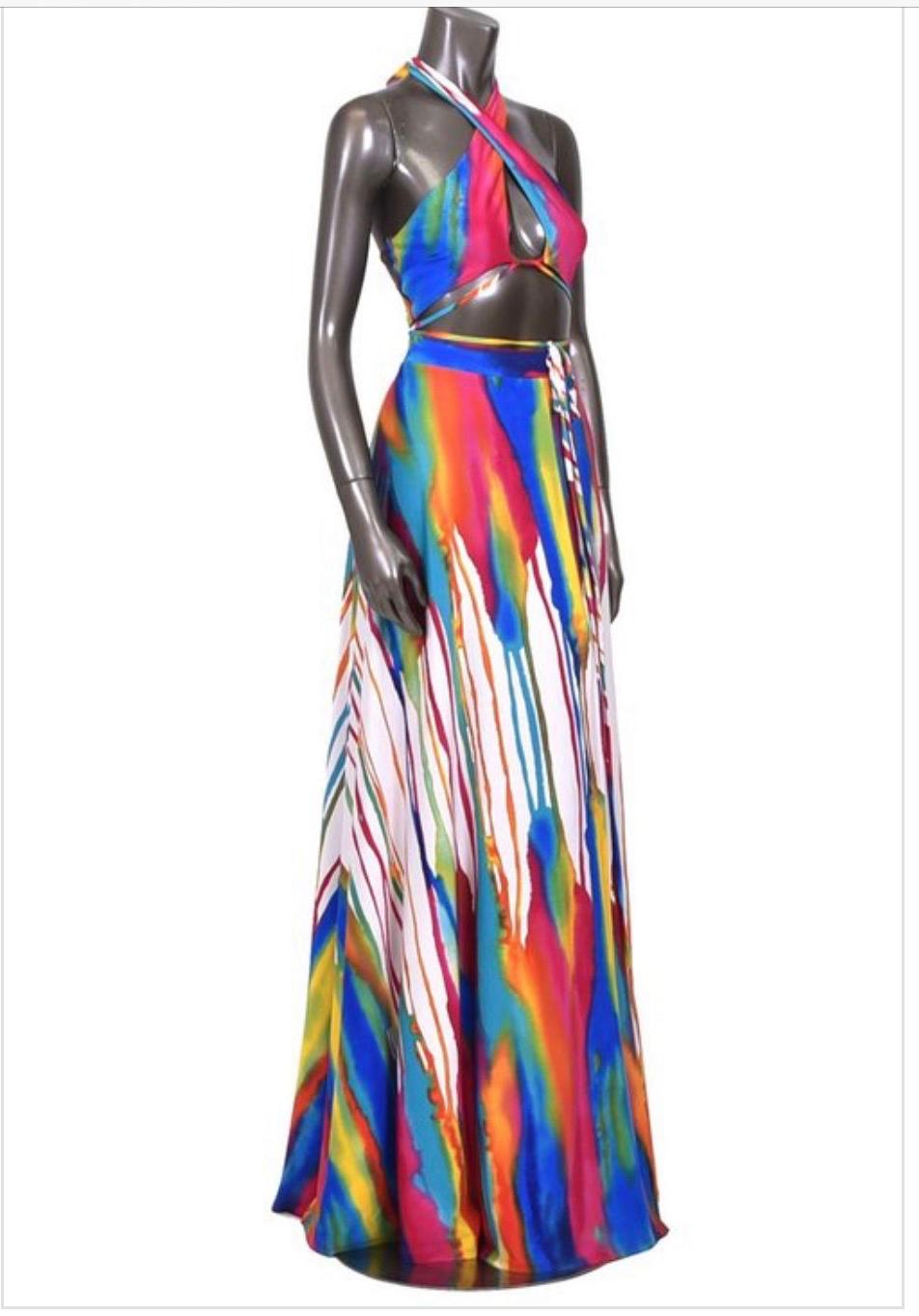 Stylish White Multi-Color Print Front Tie Top & Maxi Skirt Set for Women | Summer Beach Outfit, Vacation Dress, Boho Chic Fashion