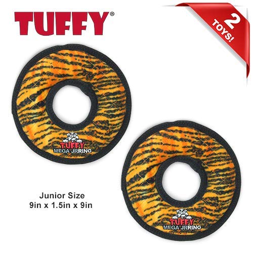 TUFFY - World's Toughest Soft Dog Toy - MEGA Ring with Squeakers - Multi-Layer Durable Design for Aggressive Chewers - Interactive Play for Tug, Toss & Fetch - Machine Washable & Floats - Perfect for Outdoor Adventures & Indoor Playtime (Junior 2 Pack, Tiger)