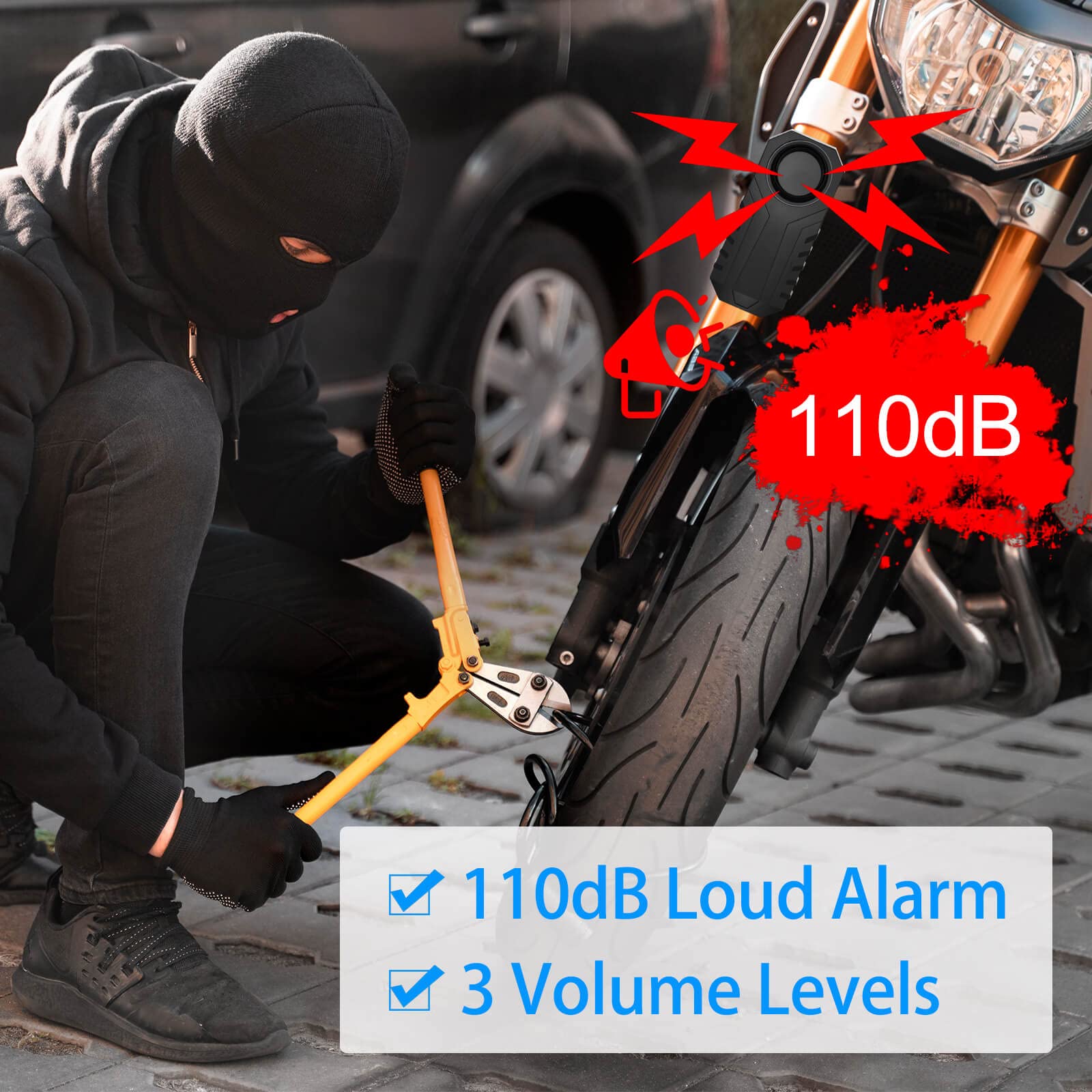 113dB Loud Bike Alarm with Remote - Vibration Sensing Anti-Theft Bicycle Alarm System for Electric Bikes, Motorcycles, Tricycles & Mobility Scooters - Perfect for Urban Commuting & Outdoor Cycling Security