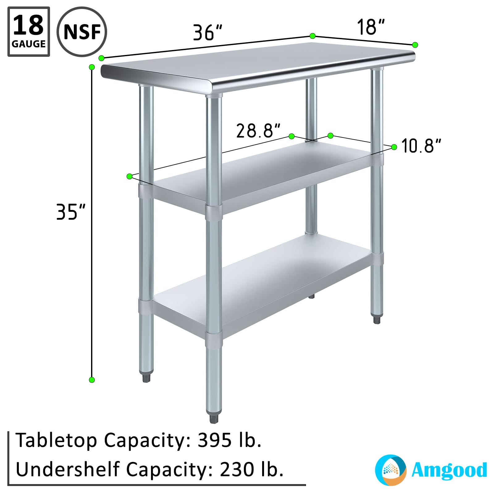Stainless Steel Work Table with 2 Shelves - Heavy Duty Metal Utility Table for Commercial Kitchen & Home Use | NSF Certified 36