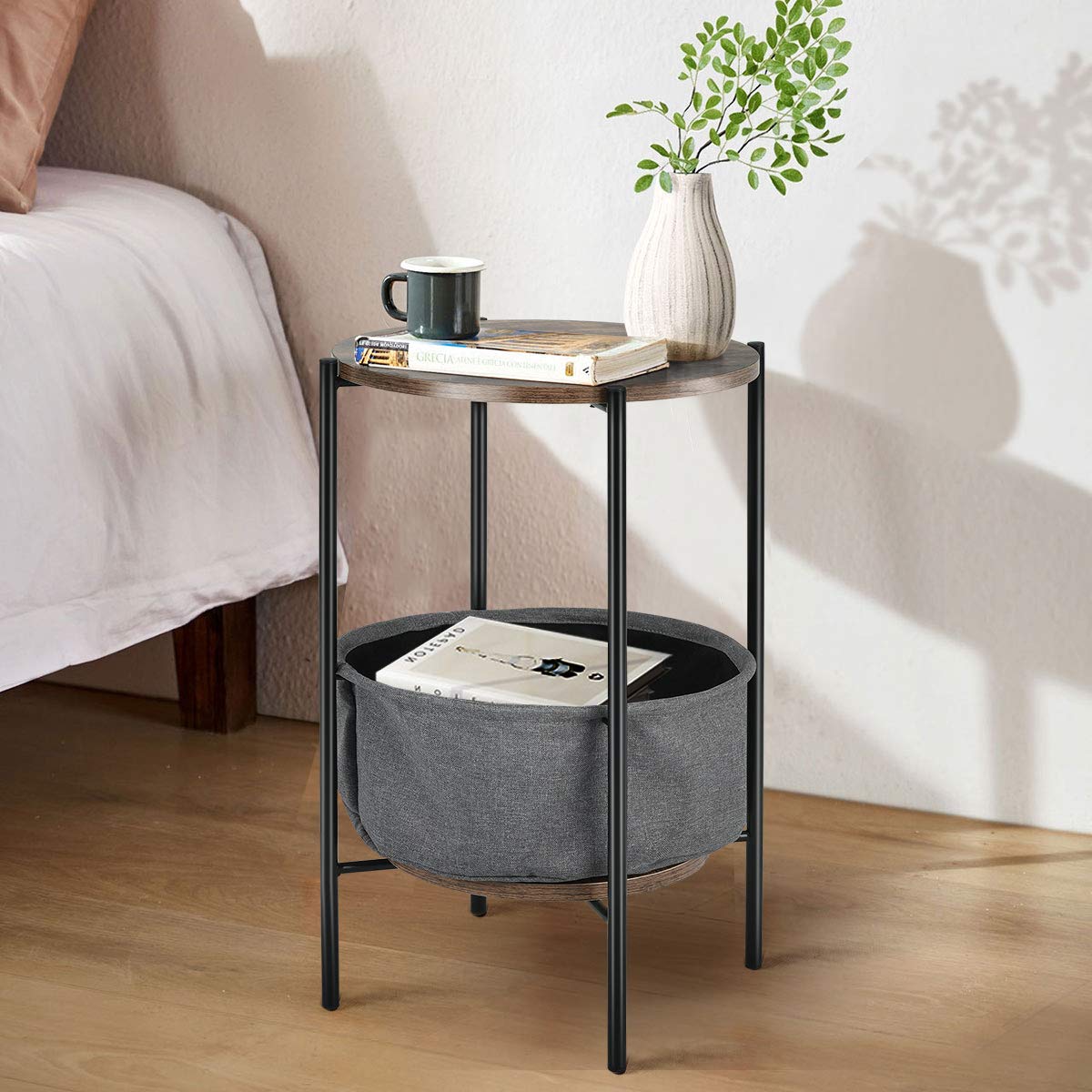 Giantex 2-Pack Round Side Table with Fabric Basket, Metal Frame & Wood Top - Multi-Functional Small Sofa Table for Living Room, Dorm, Bedroom - Grey | Perfect for Holding Books, Drinks, and Decor in Compact Spaces