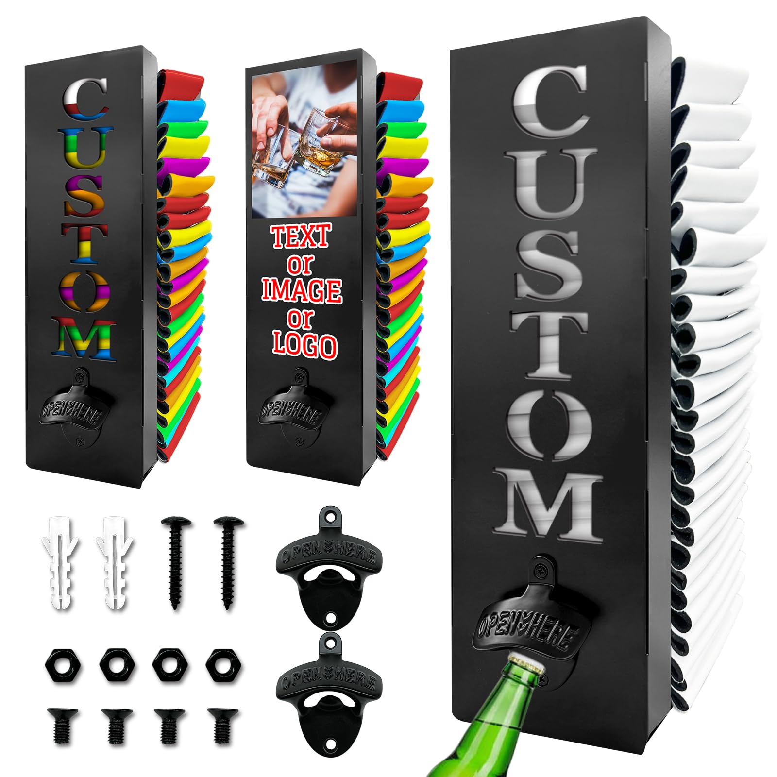 Qingxily Custom Wall-Mounted Can Cooler Holder with Bottle Opener - Personalized Beer Can Sleeves Storage Organizer & Cooler Dispenser for Home Bar, Man Cave, and Outdoor Entertaining