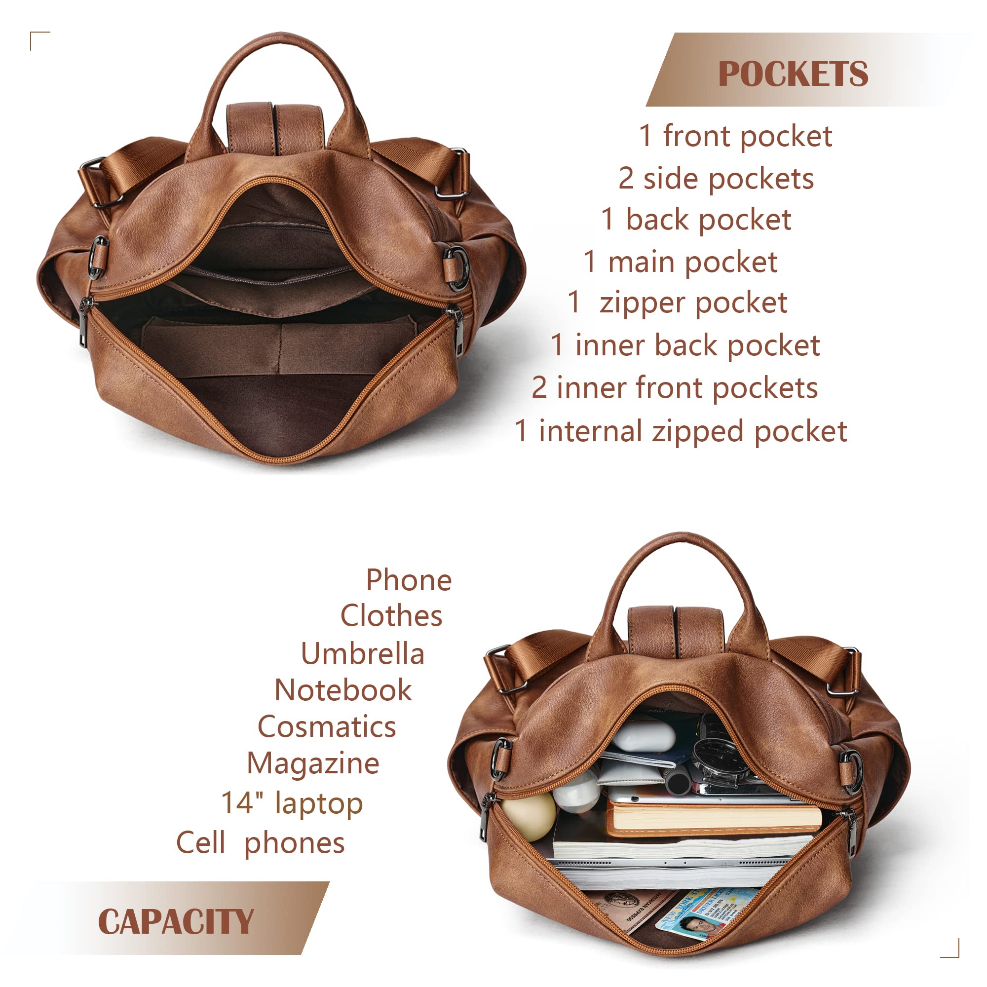 Women's Convertible Backpack Purse - Fashion Travel Daypack with Wristlet (Two-tone Brown) for Work & Travel