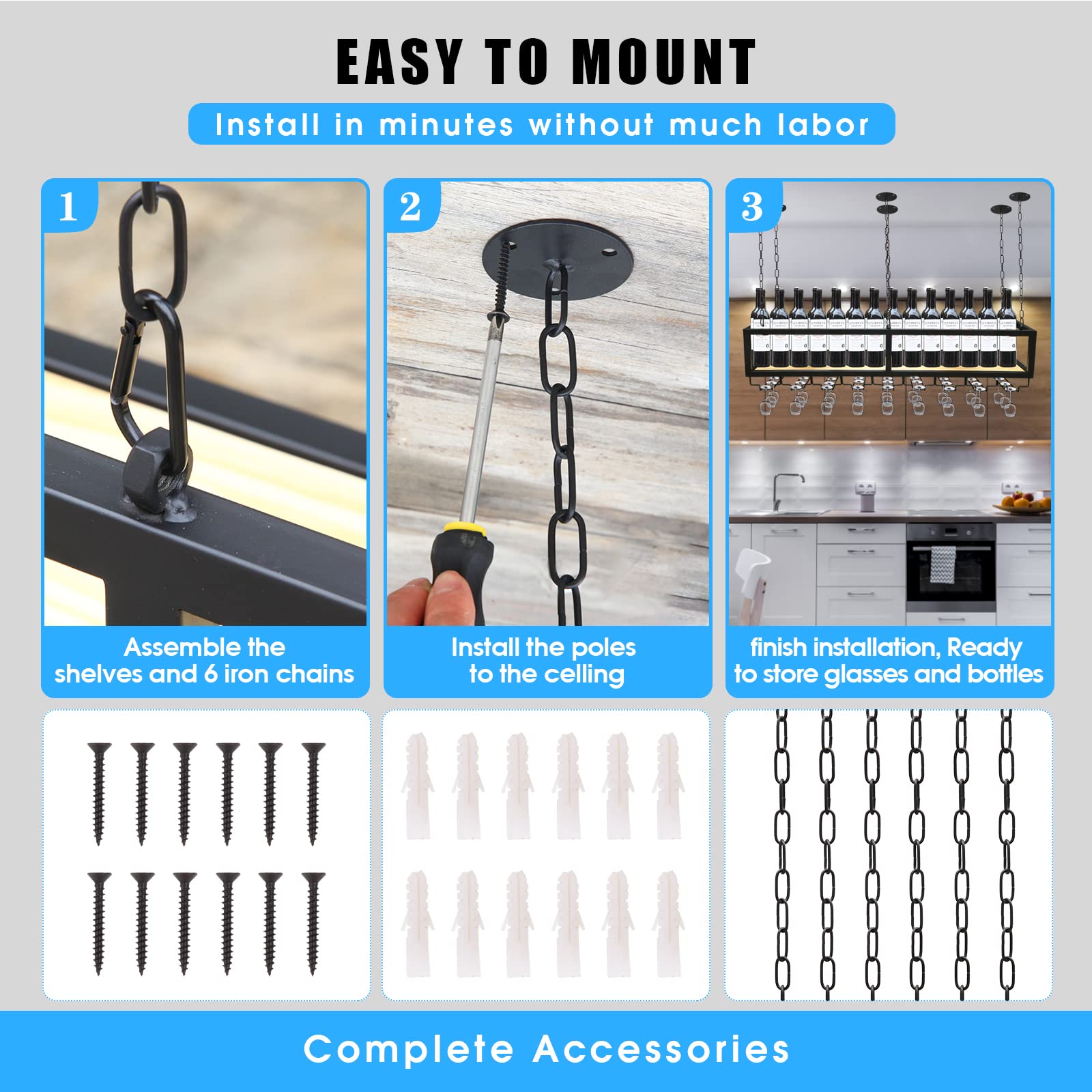 Adjustable Black Metal Ceiling Wine Rack with Glass Holder - 63