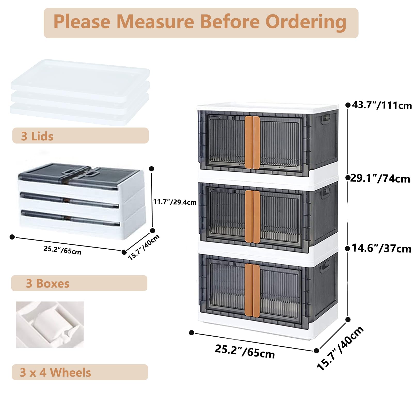 300Qt Plastic Storage Bins with Lids (3-Pack) - Foldable, Stackable Organizing Bins with Wheels & Front Door Access for Closet, Garage & Home Organization | Perfect for Seasonal Storage, Toys & Household Items