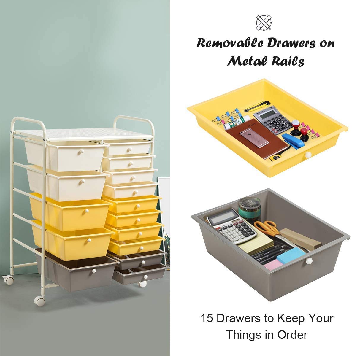 15-Tier Rolling Drawer Storage Cart with 4 Wheels - Moccha Organizer for Cosmetics, Office Supplies & Files - Perfect for Home, Studio & Office Organization (Yellow)