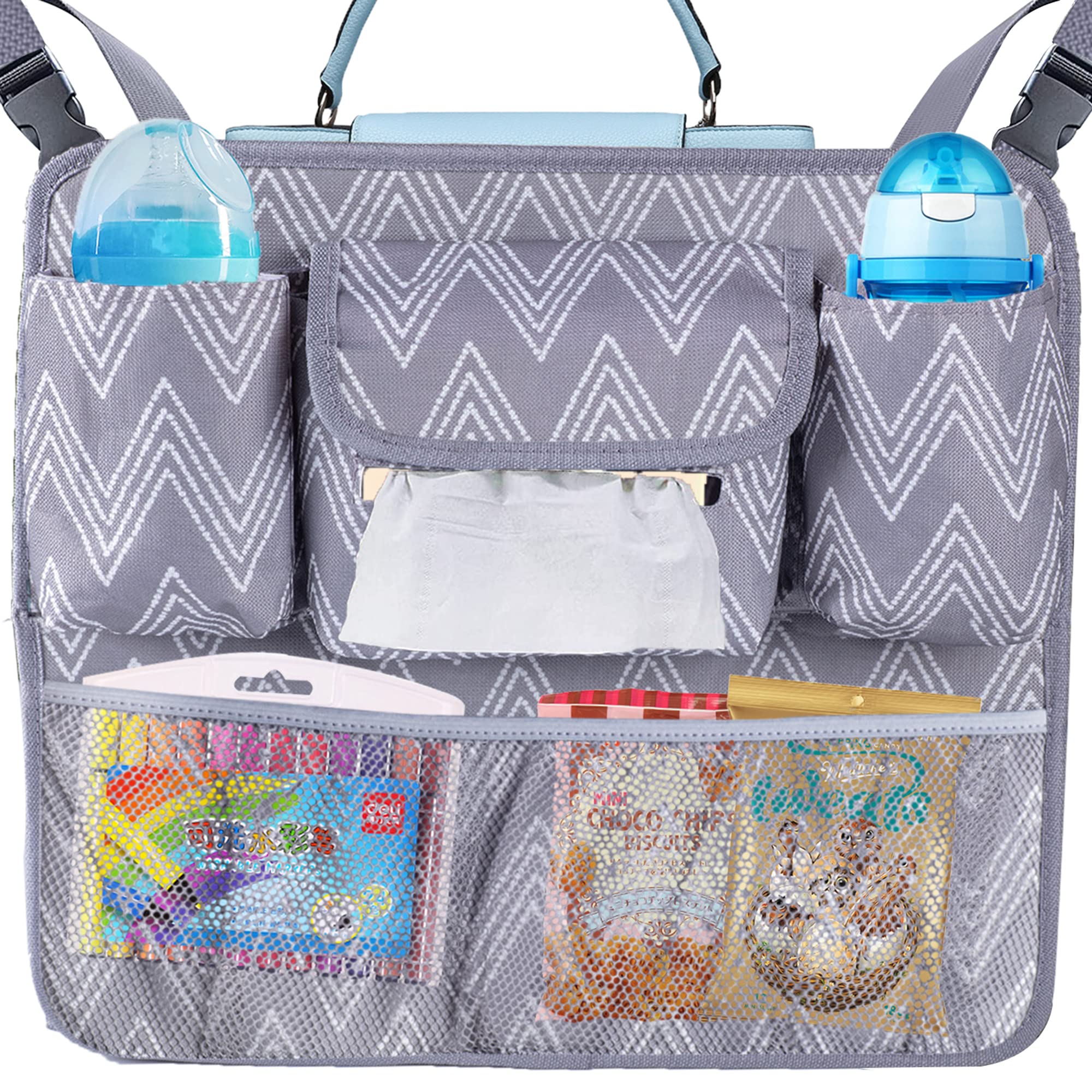 Car Seat Organizer with Net Pocket - Handbag & Purse Holder Between Front Seats | Collapsible Storage for Car Organization | Pet & Kids Barrier | Perfect for Road Trips & Daily Commutes (Gray Chevron)