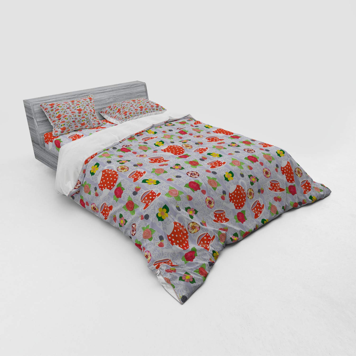 Ambesonne Retro Polka Dot Cartoon Teapot Duvet Cover Set - 4 Piece Queen Size Bedding with Shams & Fitted Sheet, Orange Floral Print for Kids & Teens Bedroom Decor