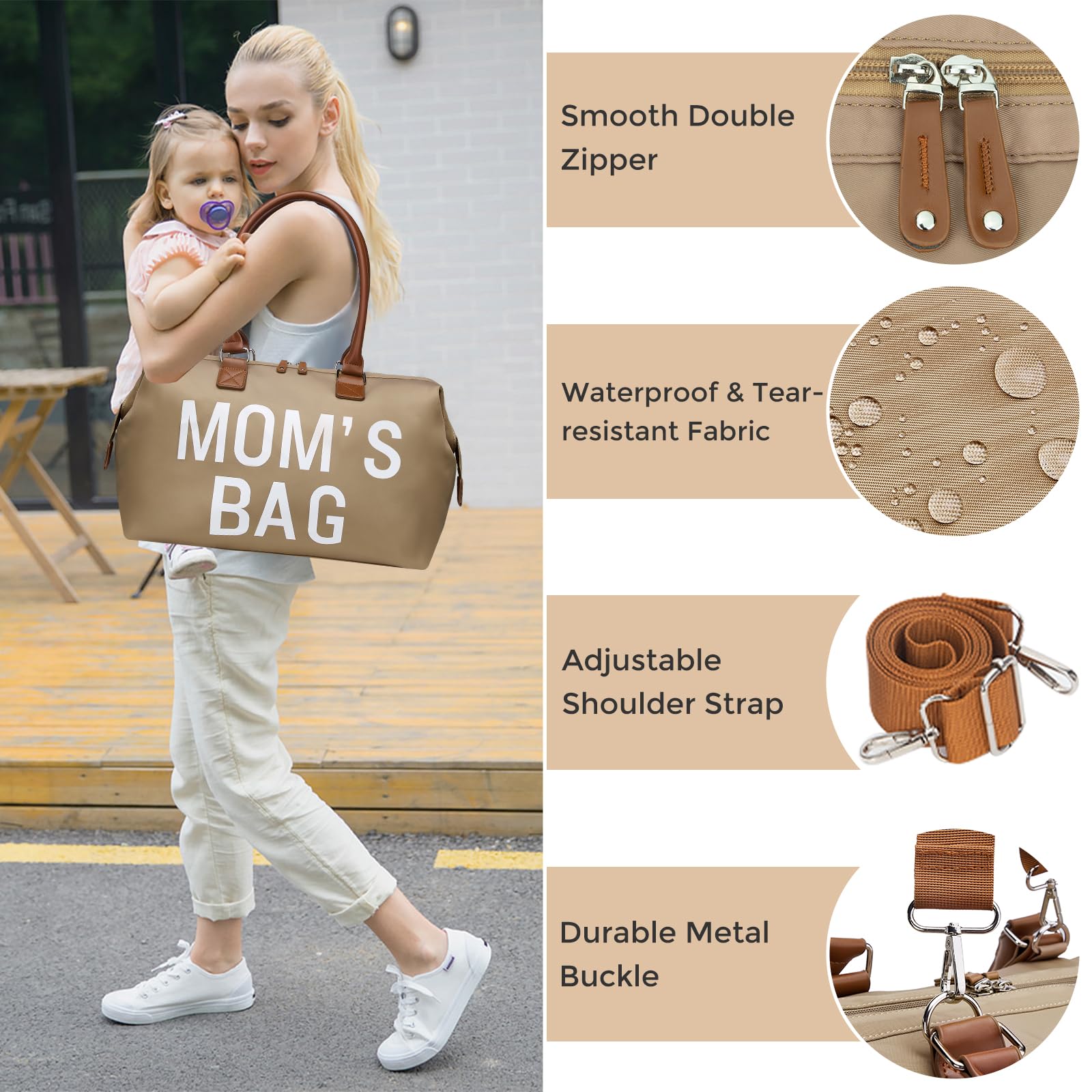 Printe Mom's Hospital Bag for Labor & Delivery - Large Waterproof Diaper Bag with 2 Organizer Pouches (Khaki) - Perfect for Maternity Travel, Baby Essentials & On-the-Go Parenting