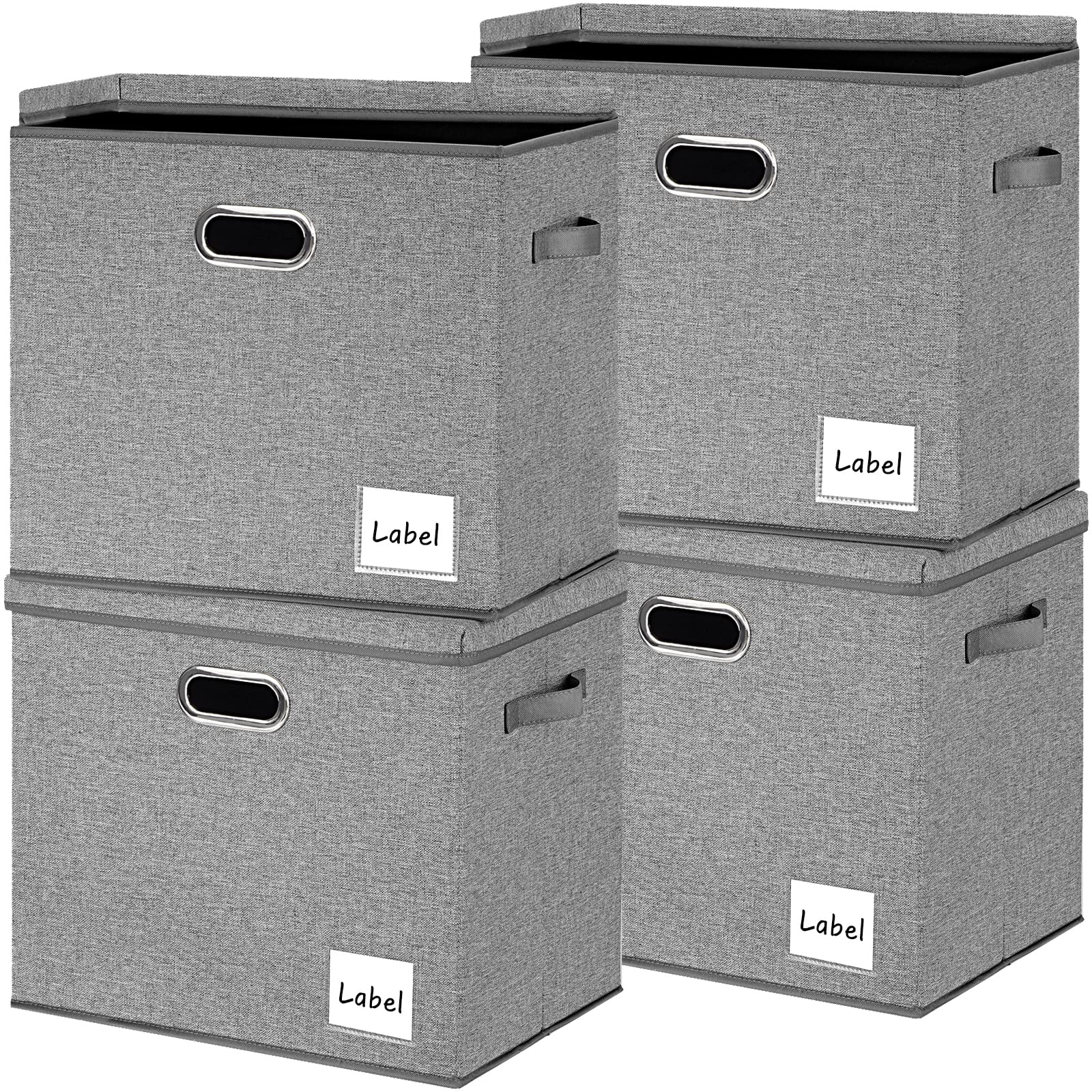 LHZK Extra Large Foldable Fabric Storage Bins with Lids - 4 Pack Grey Closet Organizers for Bedroom, Home Office & Shelves | Durable Linen Storage Boxes with Labels & 3 Handles for Clothes, Toys & Home Organization