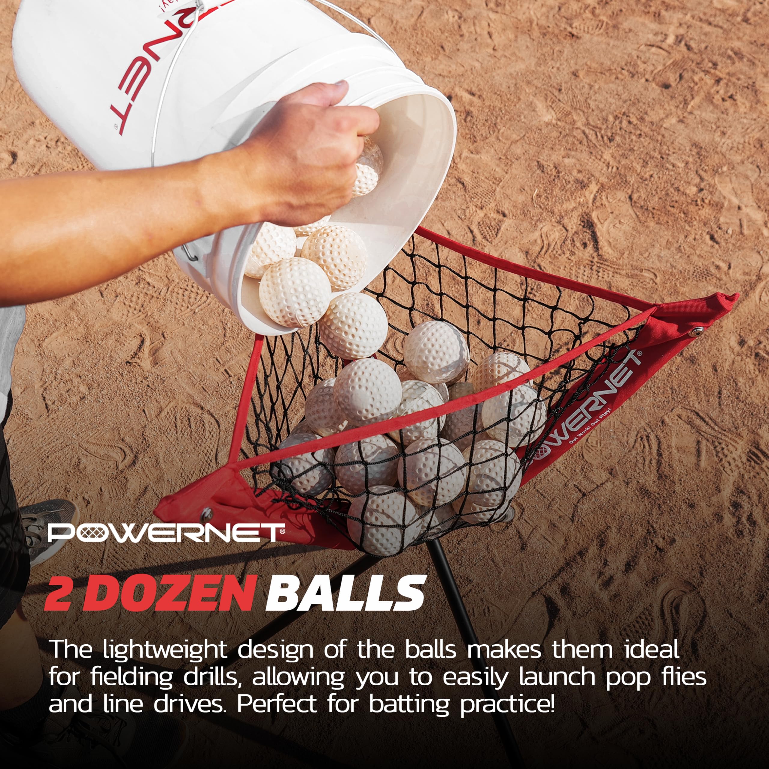 PowerNet Launch F-lite Softball & Baseball Pitching Machine with Dimpled Practice Balls - Complete Baseball Training Equipment Set for Coaches & Players - Perfect for Team Practice, Backyard Training & Batting Cage Sessions