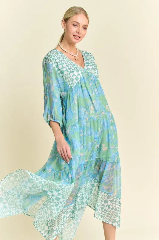 Floral Print Mixed Mint Green Tiered Midi Dress for Women - Summer Casual Boho Chic Dress for Beach, Party & Vacation