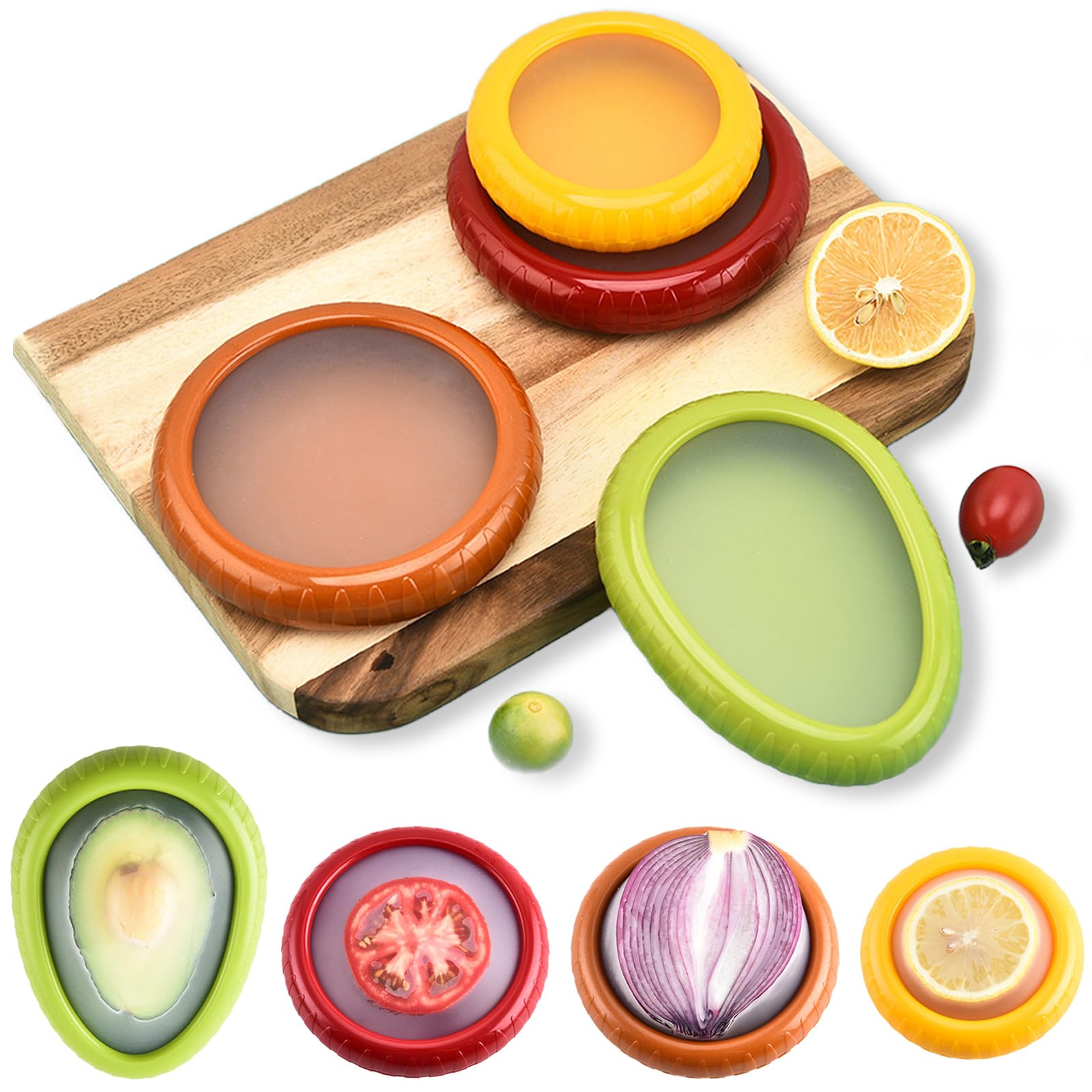 4-Pack Silicone Food Storage Containers - Reusable Airtight Fruit & Vegetable Keepers for Avocados, Onions, Lemons, Potatoes - BPA-Free Fridge Organizer for Freshness (Perfect for Meal Prep & Kitchen Storage)