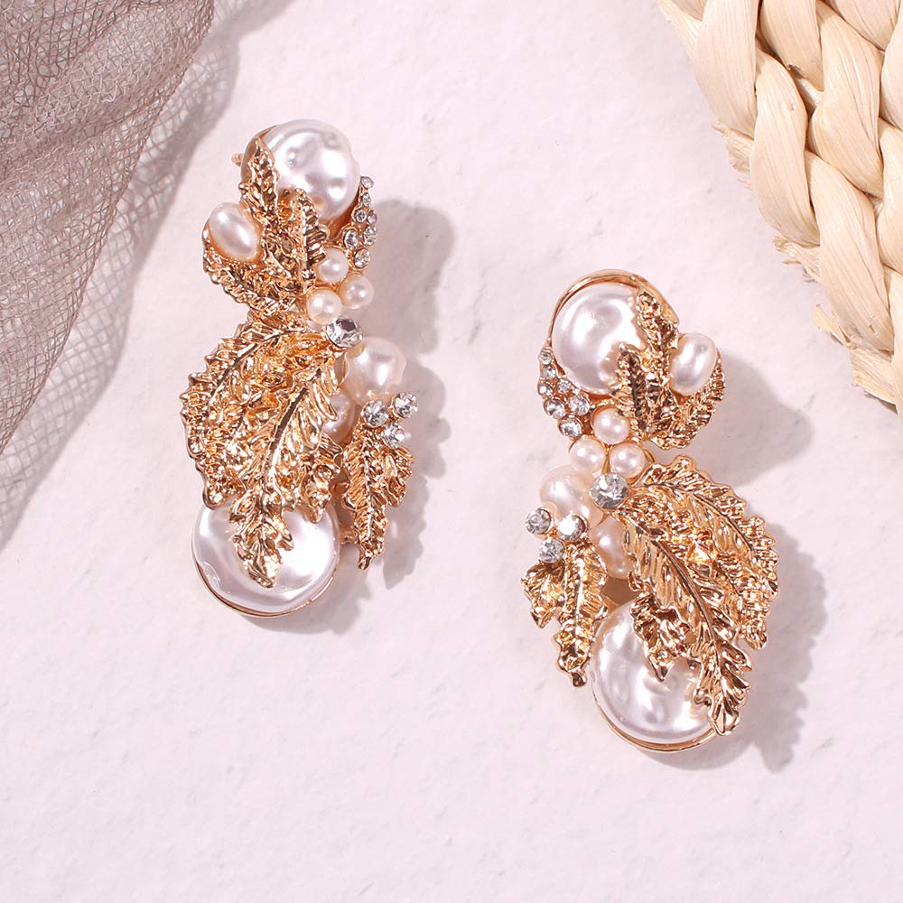 Wiwpar Gold Geometric Pearl Drop Statement Earrings for Women - Elegant Rhinestone Dangle Earrings for Parties, Weddings & Special Occasions