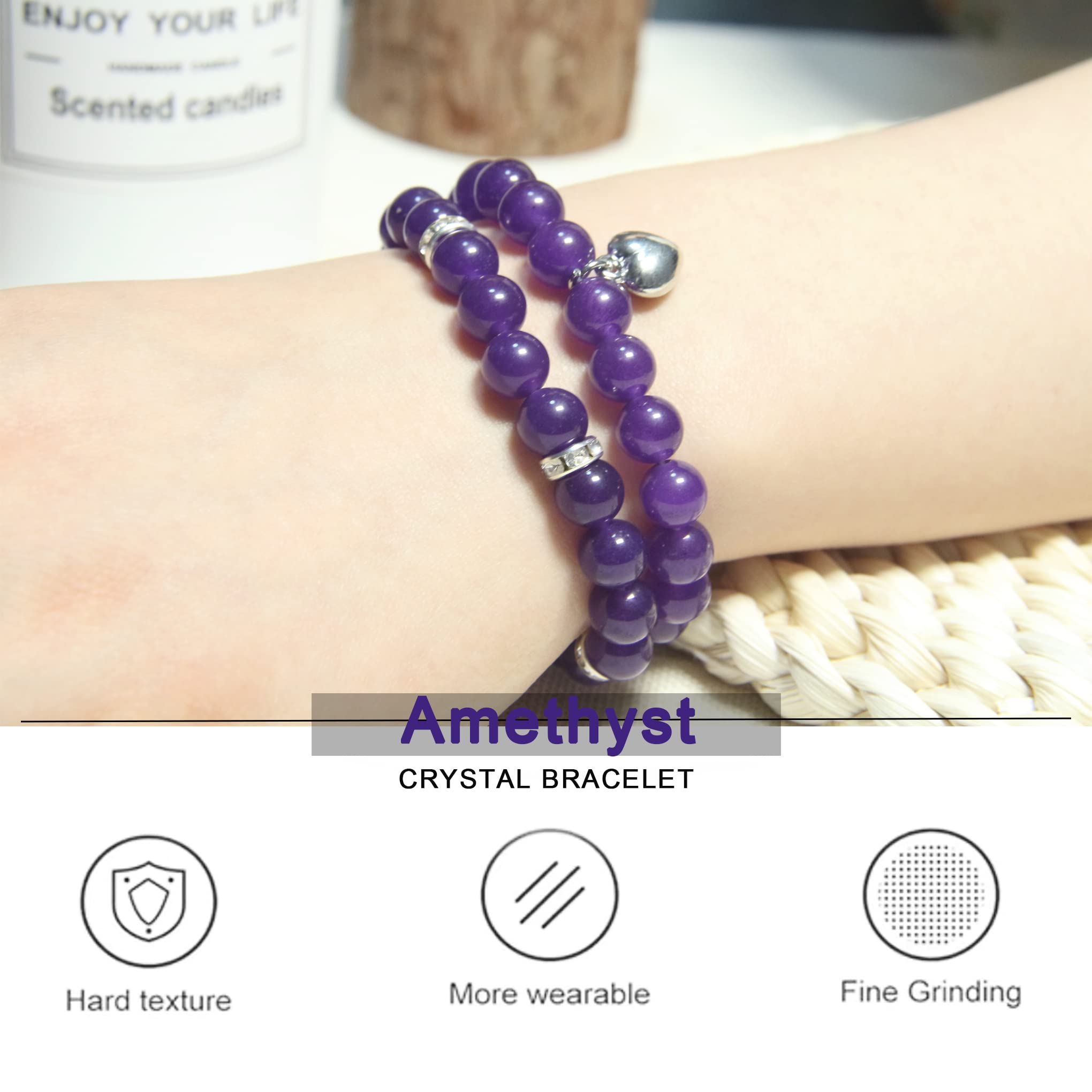 Amethyst Healing Bracelet for Women - 8mm Natural Stone Stress Relief Yoga Beads with Healing Prayers - Perfect Get Well Soon Gift for Meditation, Yoga & Spiritual Wellness