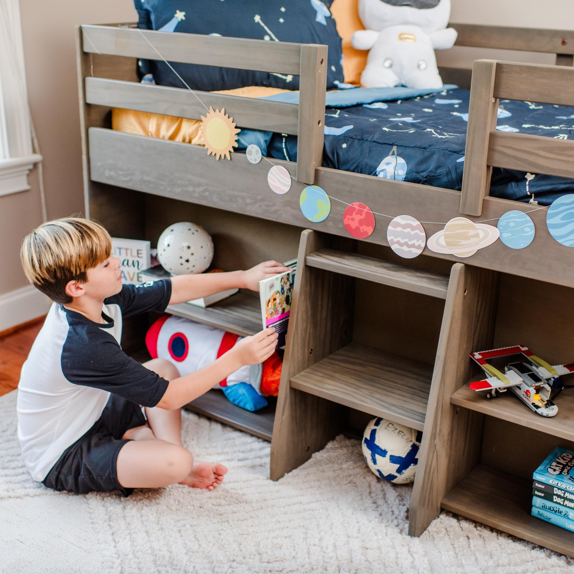 Modern Farmhouse Low Loft Twin Bed Frame for Kids with 2 Built-in Bookcases - Solid Wood Driftwood Finish - Space-Saving Study & Play Solution for Small Bedrooms
