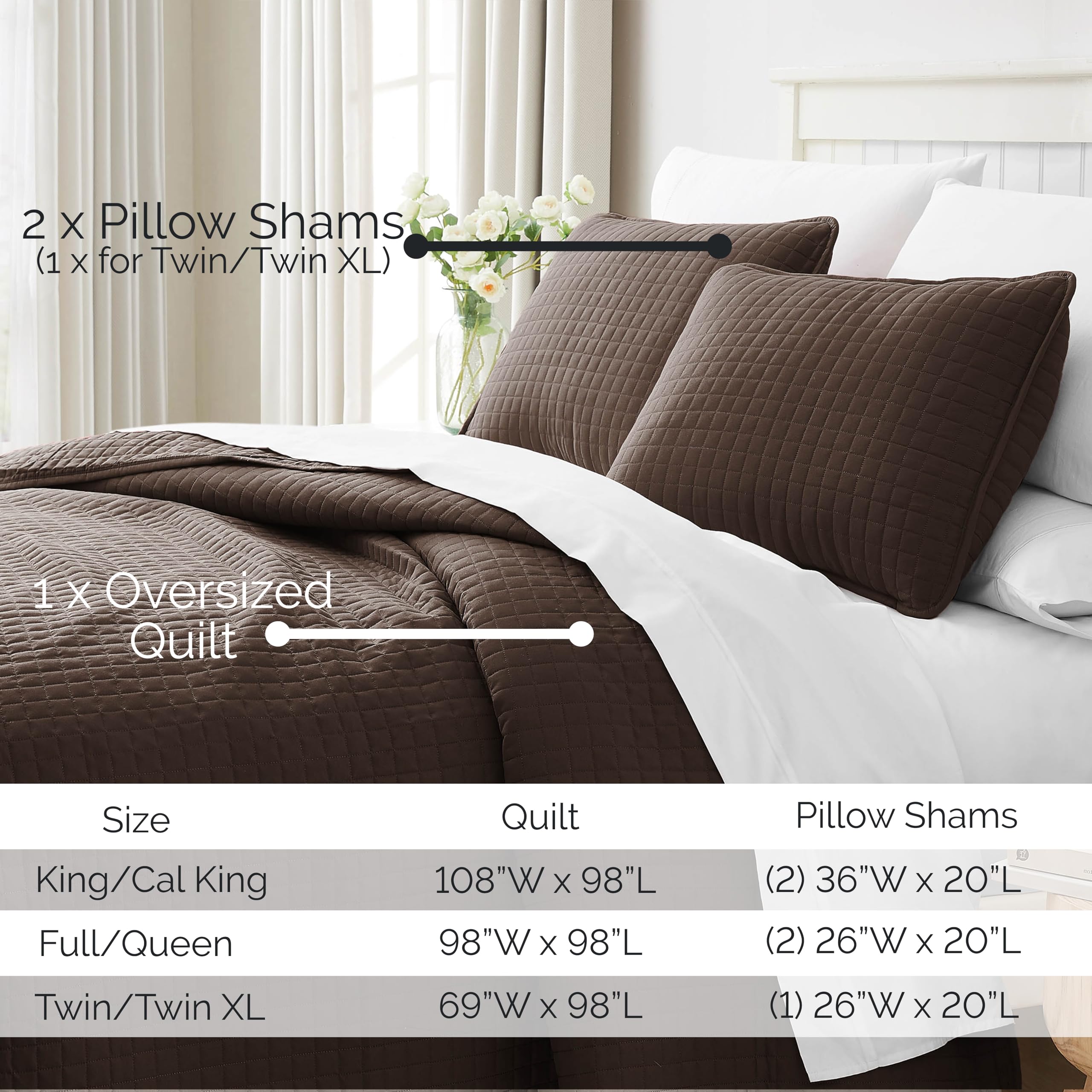 Southshore Fine Living Twin XL Quilt Bedding Set - Soft Lightweight Quilted Comforter with Matching Pillow Sham, Chocolate Brown Bedspread Coverlet | Perfect for Guest Rooms, Dorm Beds & Cozy Bedroom Decor