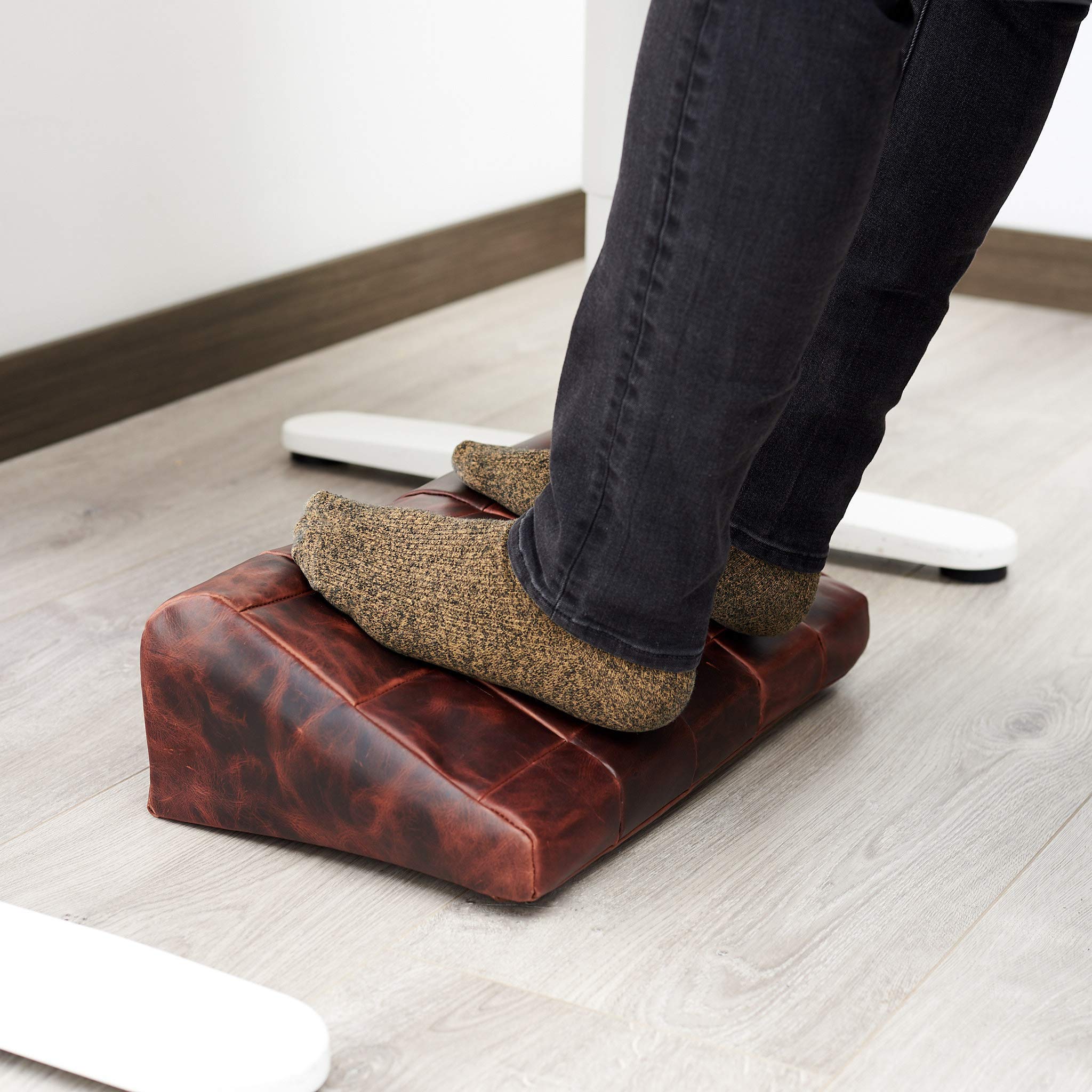 Distressed Cognac Leather Footrest - Large Ergonomic Under Desk Foot Rest for Office & Home, Handmade Leather Footrest Cover - Perfect for WFH, Home Office Decor & Gifts for Men (Ideal for Improving Posture & Comfort During Long Work Hours)