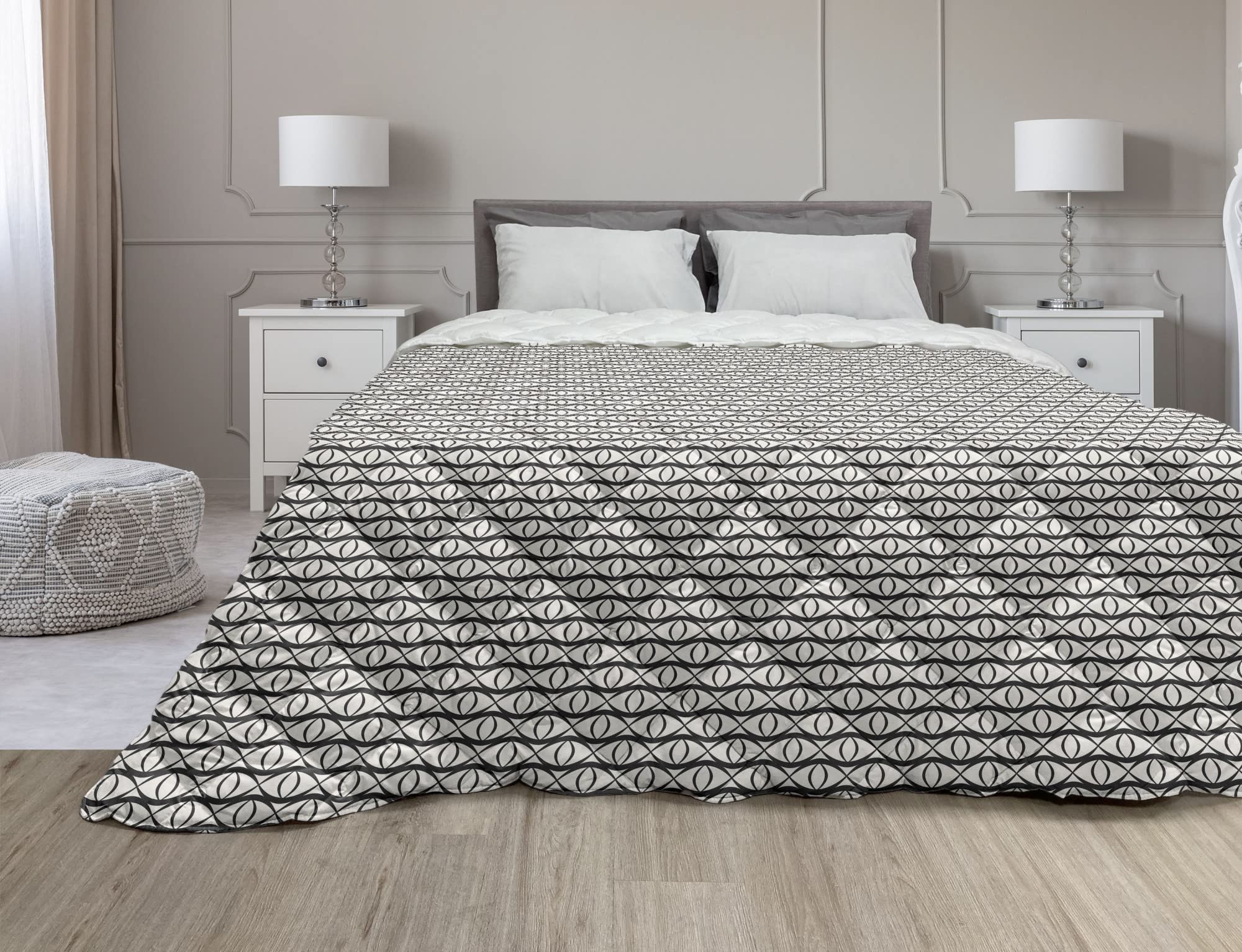 Ambesonne Abstract Down Alternative Comforter - Monochrome Eye Pattern & Wave Design - All Season Microfiber Quilt - Full Size Eggshell Black - Perfect for Modern Bedrooms & Guest Rooms
