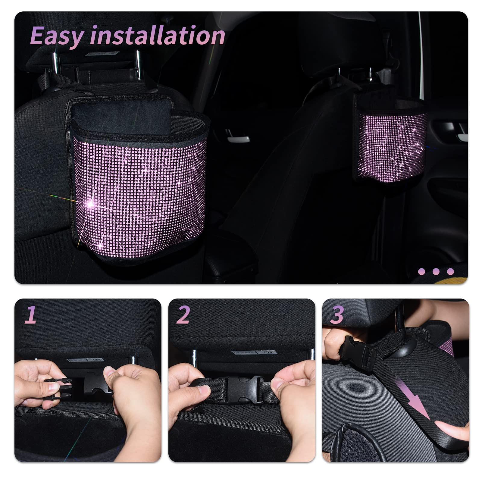 Premium Bling Crystal Car Seat Organizer - 2-Pack Pink Diamond Car Accessory for Front/Back Seat Storage | Travel Caddy Bag & Garbage Pocket Bin | Perfect for Road Trips, Daily Commute & Family Car Organization