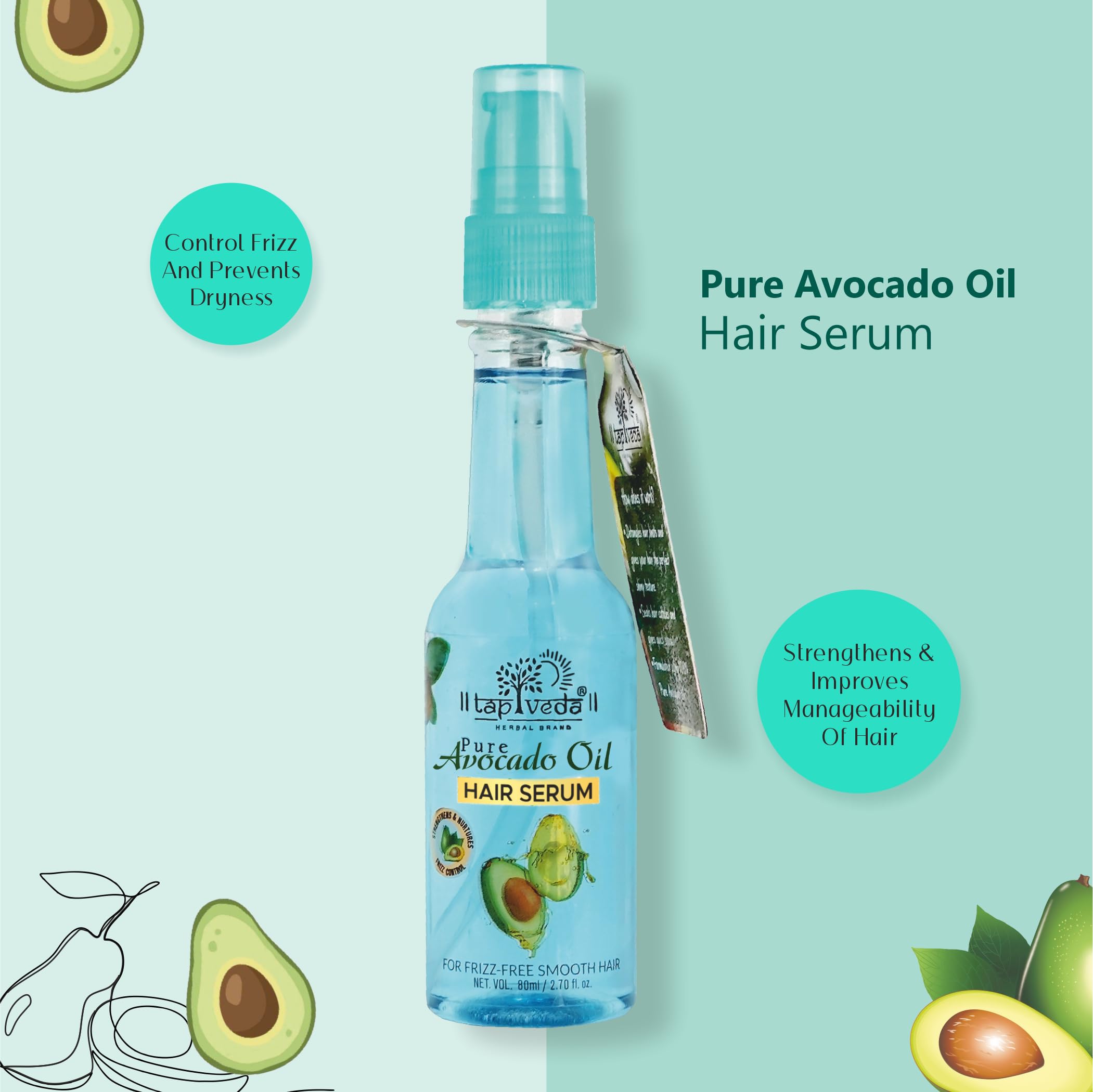 Tapveda Pure Avocado Oil Hair Serum 80ml - Frizz Control & Smoothing Treatment for All Hair Types (Men & Women) | Perfect for Daily Hair Care, Heat Protection & Styling