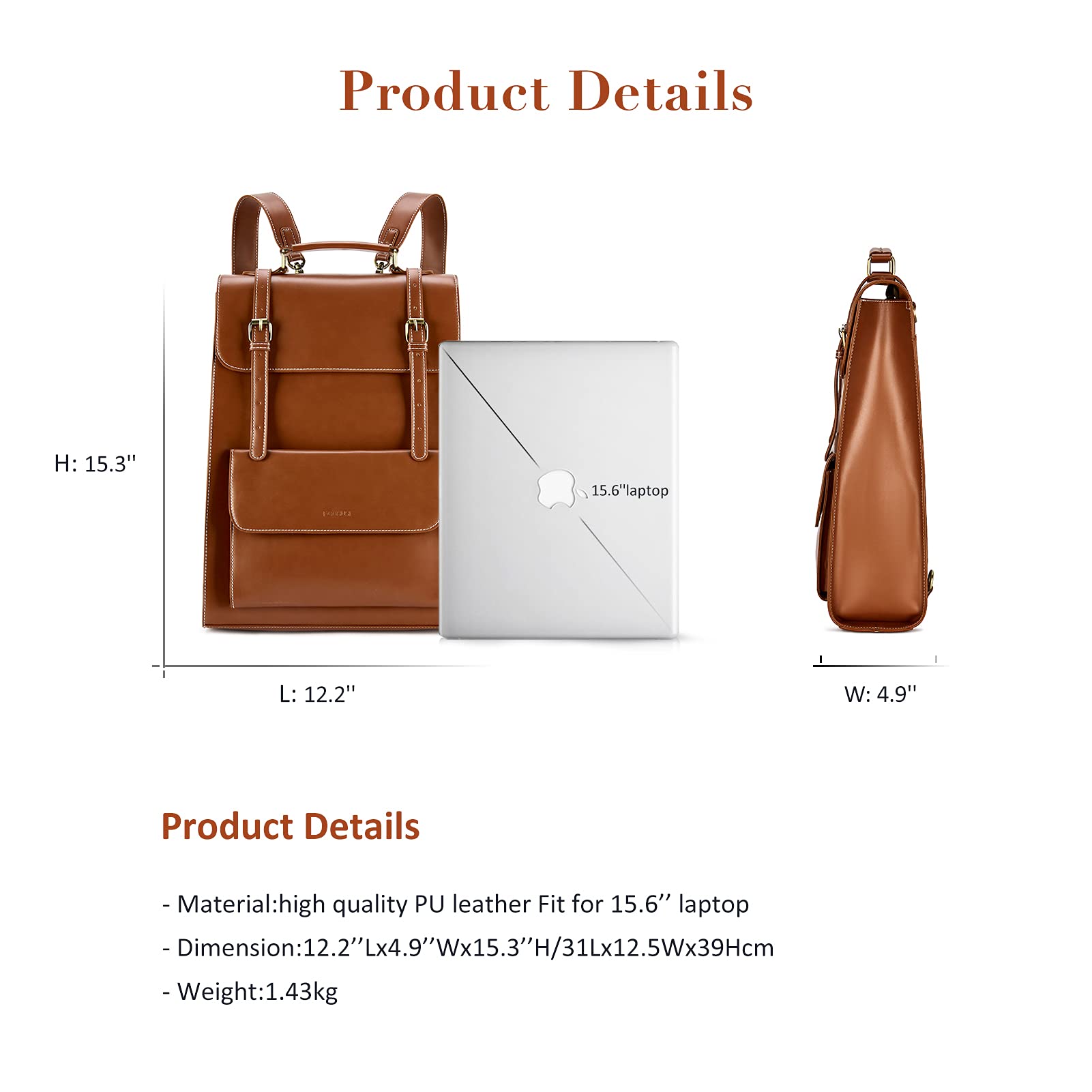 Vintage PU Leather Laptop Backpack for Women 15.6 Inch - Work & College